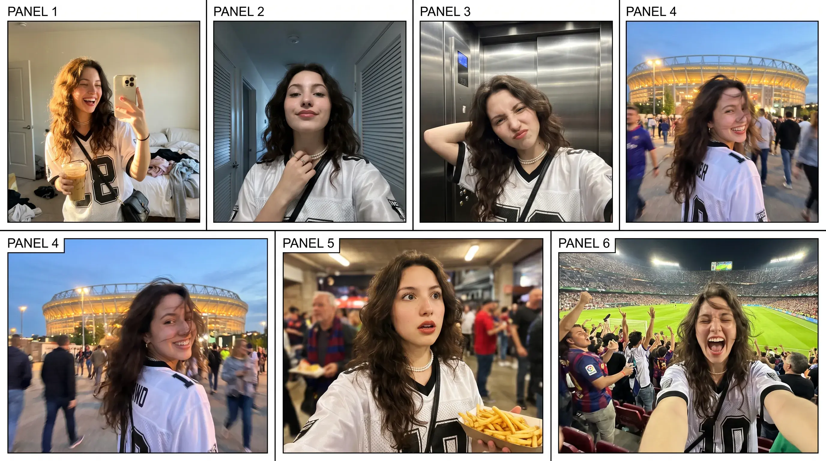 Storyboard grid of soccer fan scenes