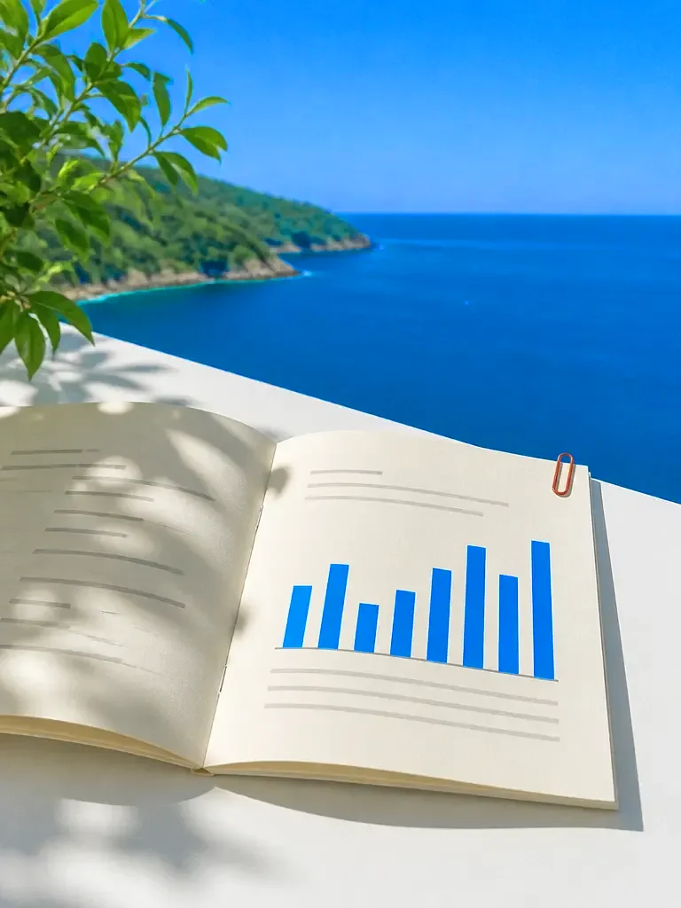 A stapled cream weekly report open on a sunlit white desk, a bar chart of bright azure blue bars on its page, one small vermilion paperclip on the corner. Any writing on it appears only as abstract grey ruled lines, with no letters or numbers anywhere