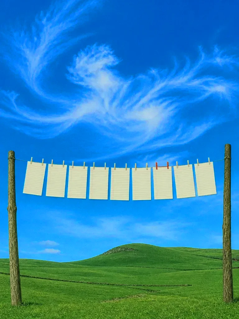 A row of cream letters pegged on a single line strung between two posts above a green field, each page filled with neat ruled lines, swirling clouds in a bright azure blue sky, one vermilion peg. Any writing on it appears only as abstract grey ruled lines, with no letters or numbers anywhere