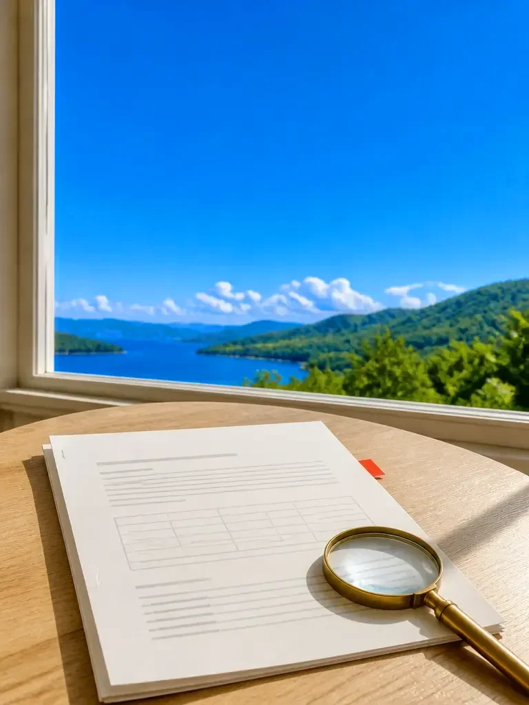 A stapled two-page research brief lying on a pale wooden table by a window, a small table and a short column of footnote lines on its first page, a brass magnifying glass resting on the corner, bright azure blue sky outside, one small vermilion sticky tab on the edge. Any writing on it appears only as abstract grey ruled lines, with no letters or numbers anywhere