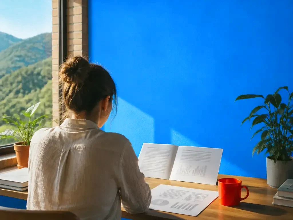 A founder at a desk with the week's work finished