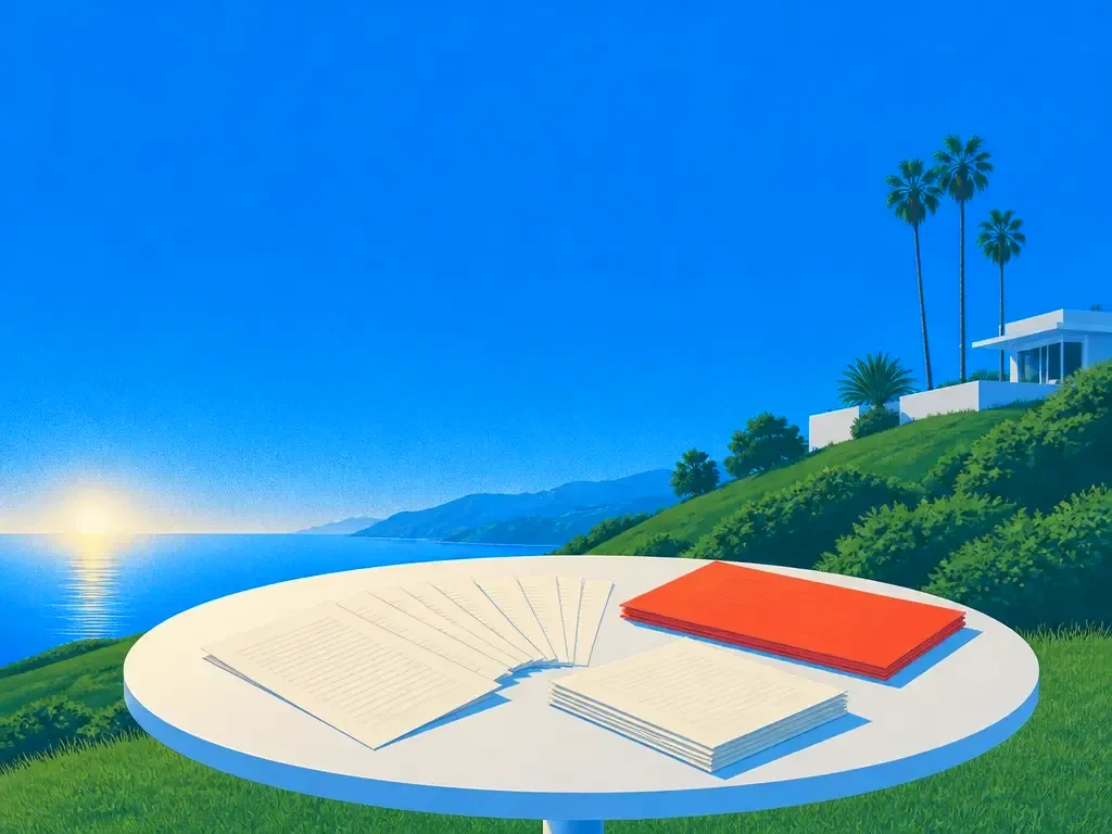 A terrace table with a slide deck and letters ready