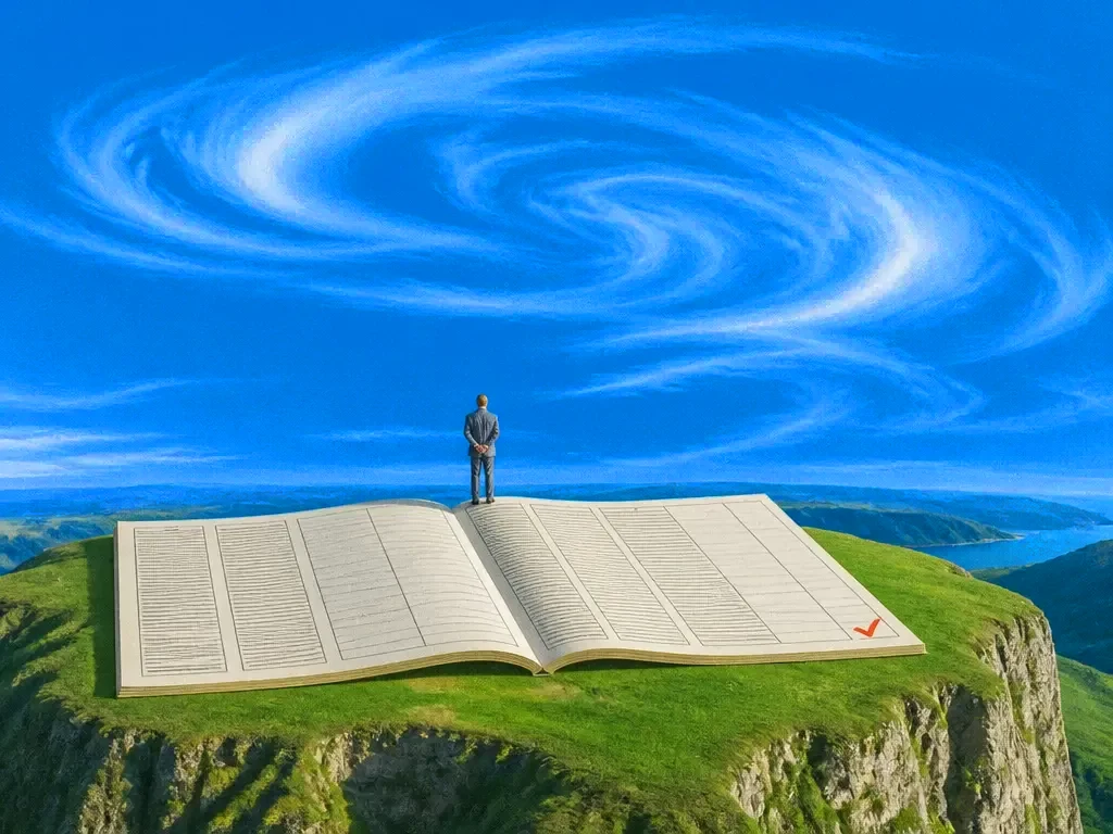 A giant ledger lying open on a plateau