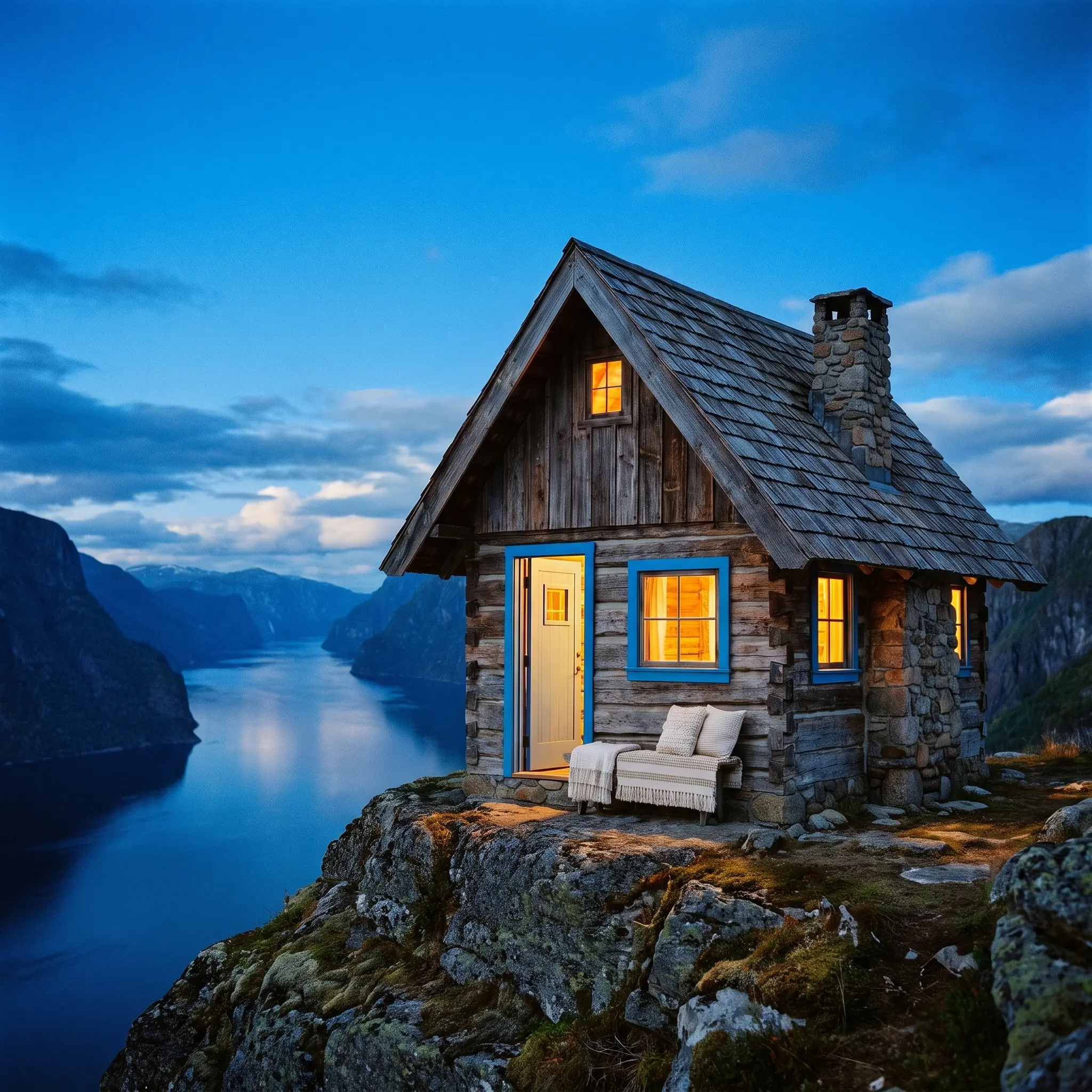 The small timber cabin on a cliff above a fjord at blue hour