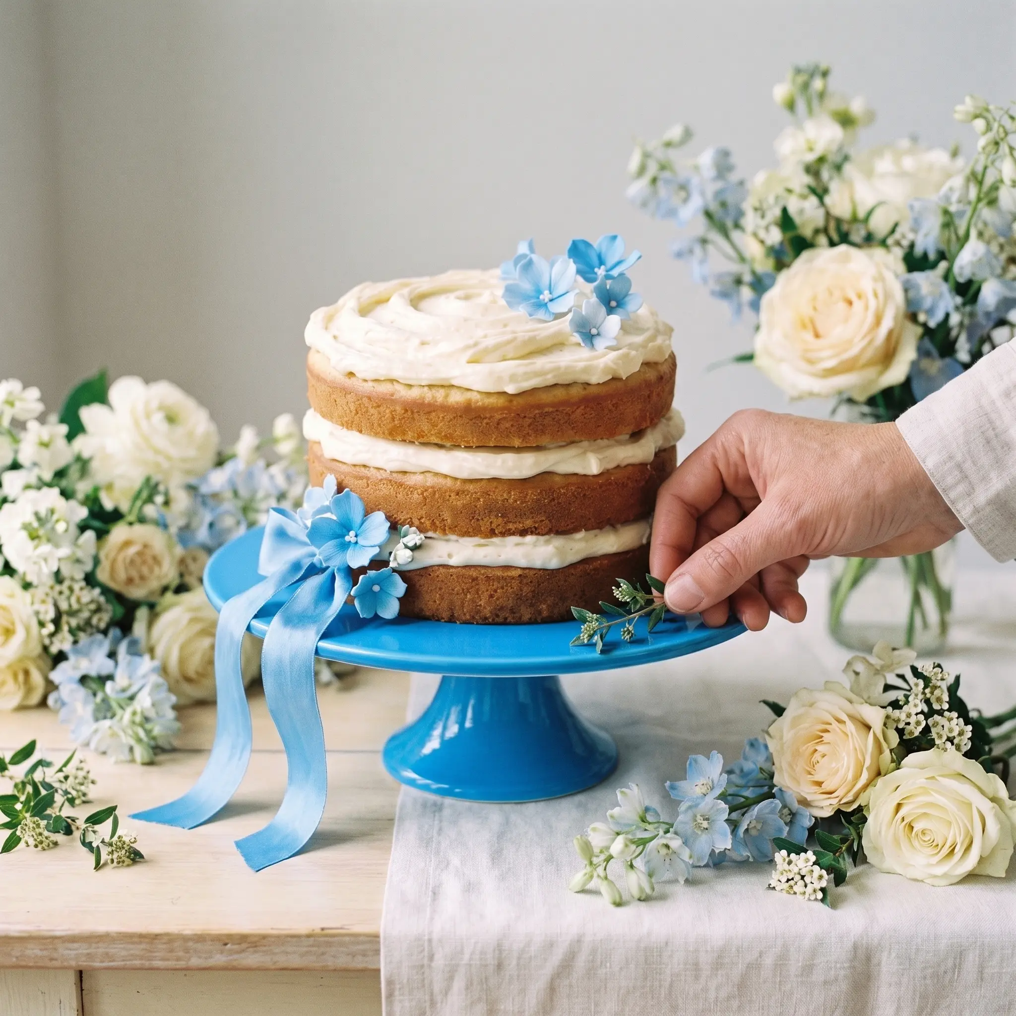 The layer cake on an azure cake stand on a pastel table with fresh flowers and soft daylight