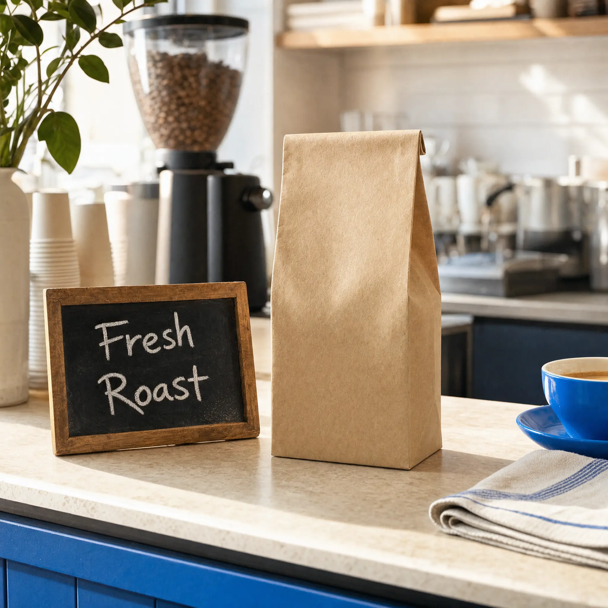 The kraft coffee bag on a café counter beside a small chalkboard that reads "Fresh Roast"