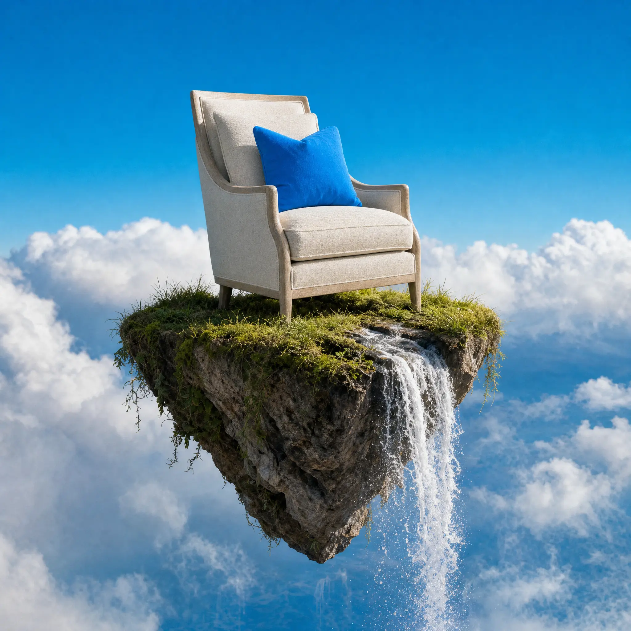 The cream armchair as a floating island in an azure sky