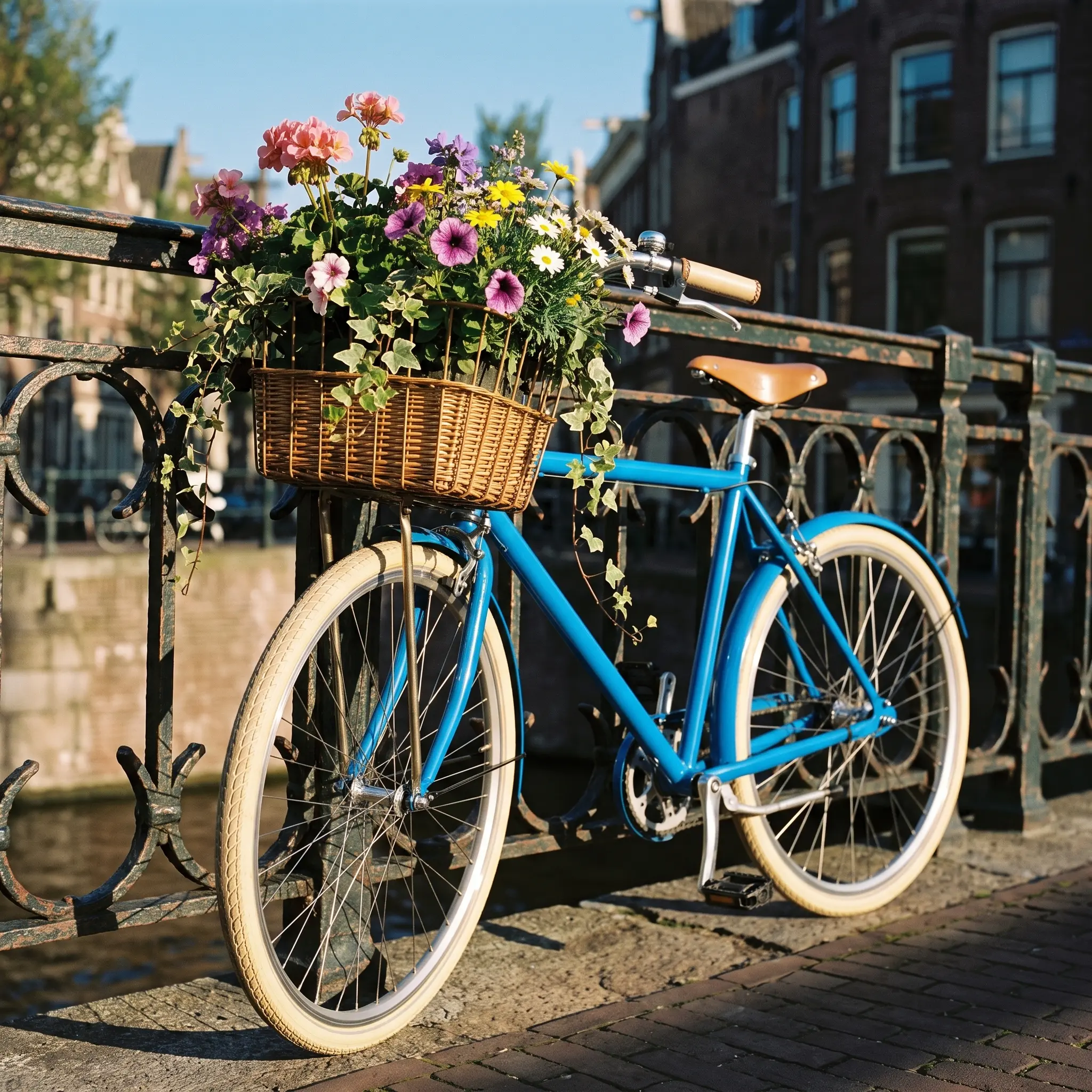 The bicycle in glossy vintage azure by an Amsterdam canal