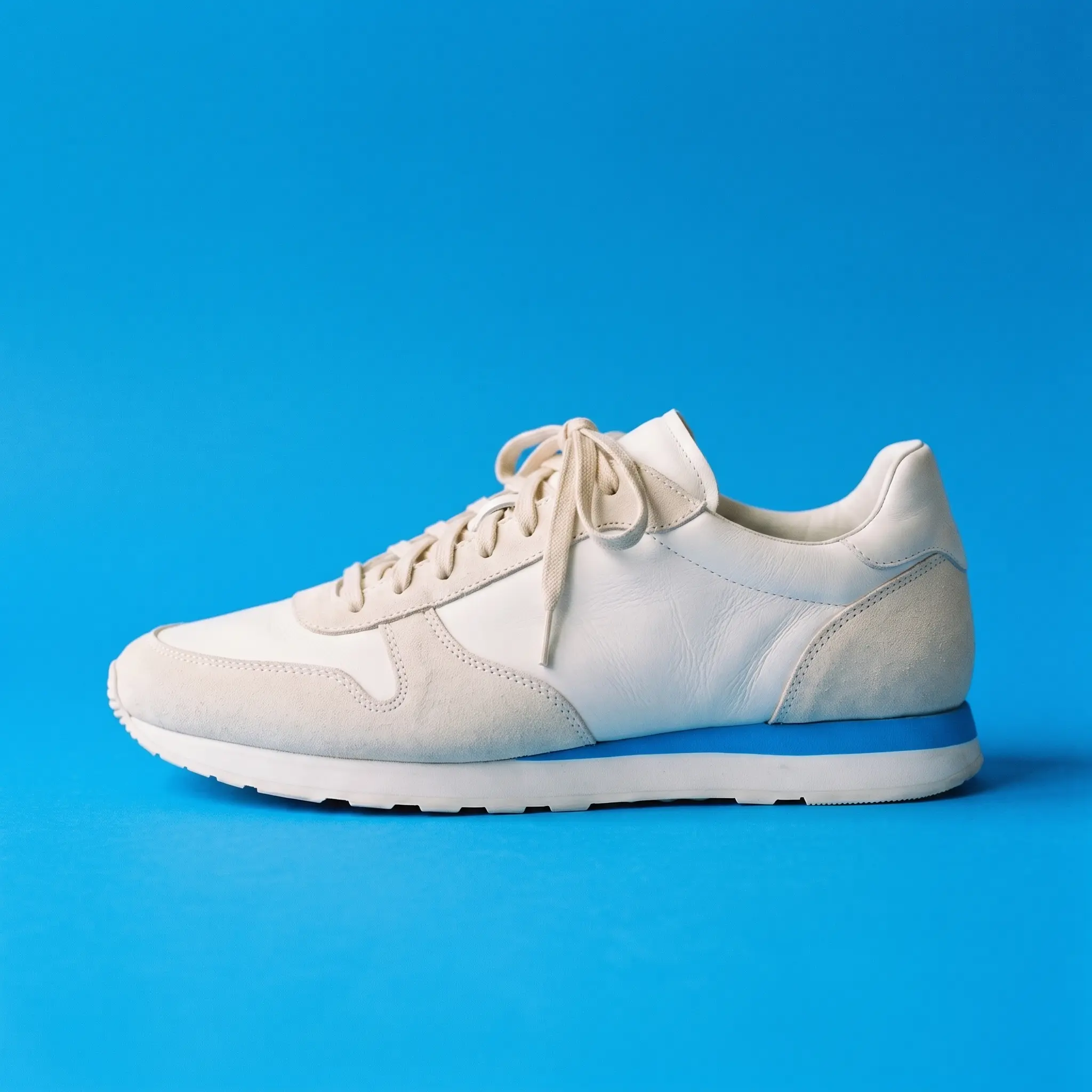 The white sneaker on a bright azure backdrop with a soft floor shadow in clean studio light