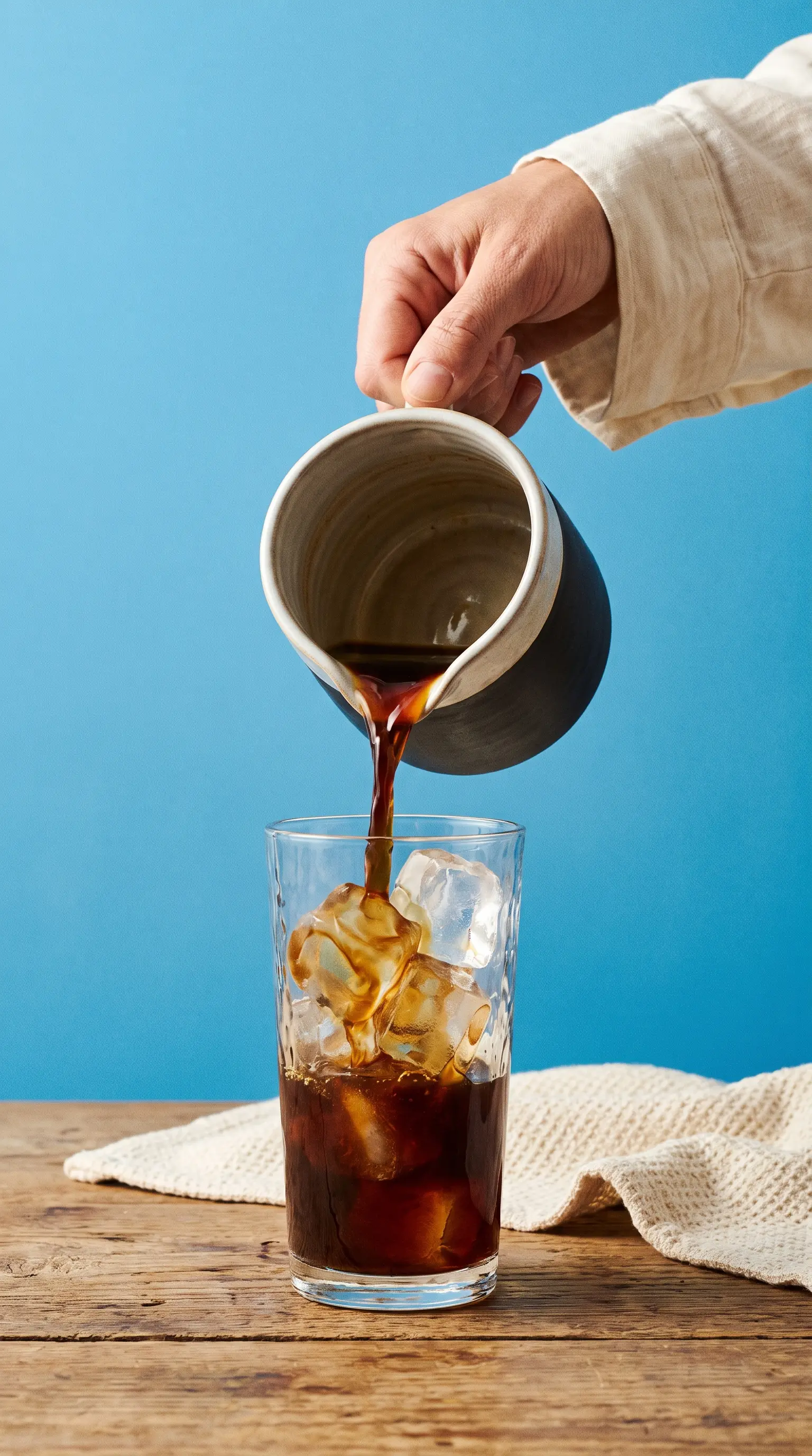 Iced coffee being poured over ice in a tall glass against an azure background