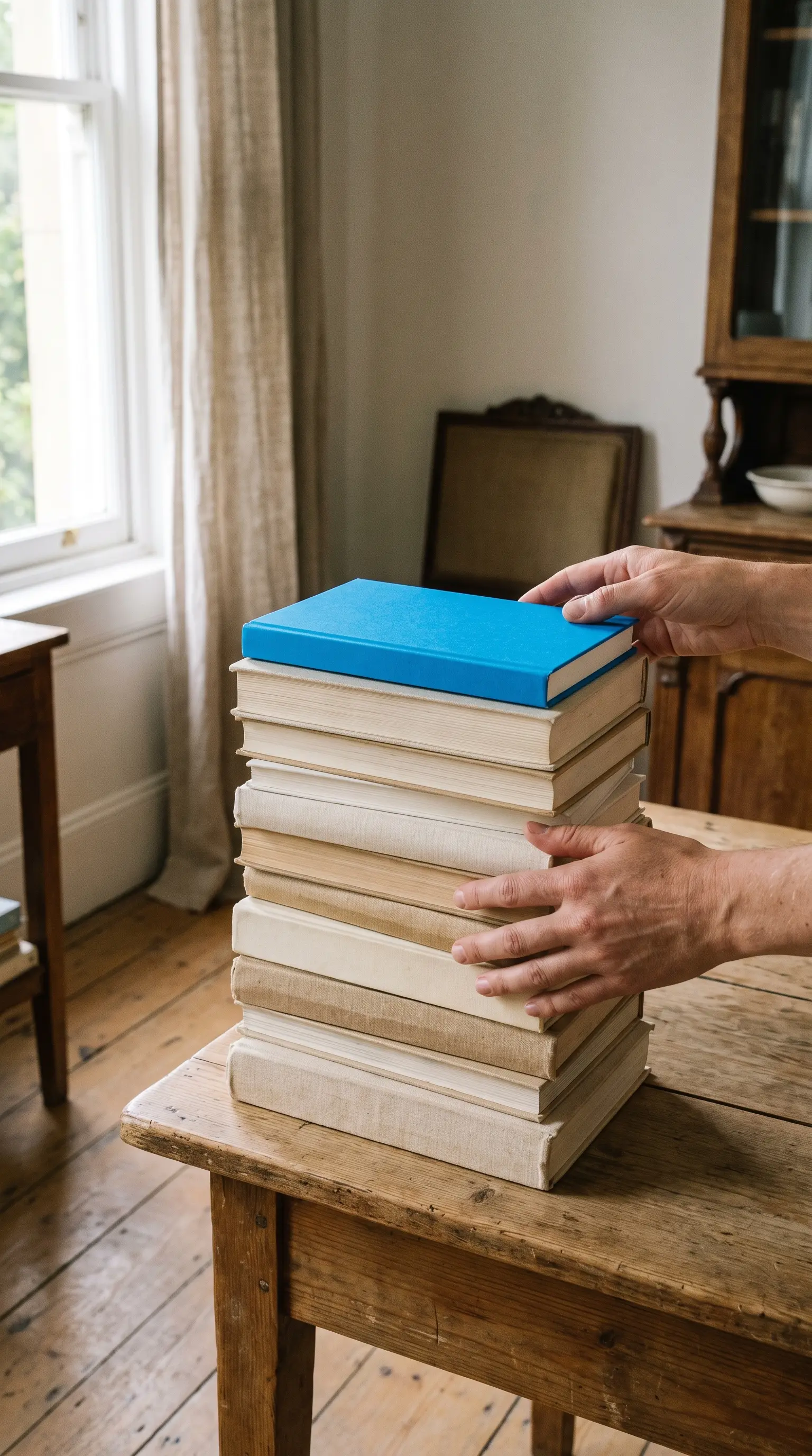 A stack of colourful books with plain spines