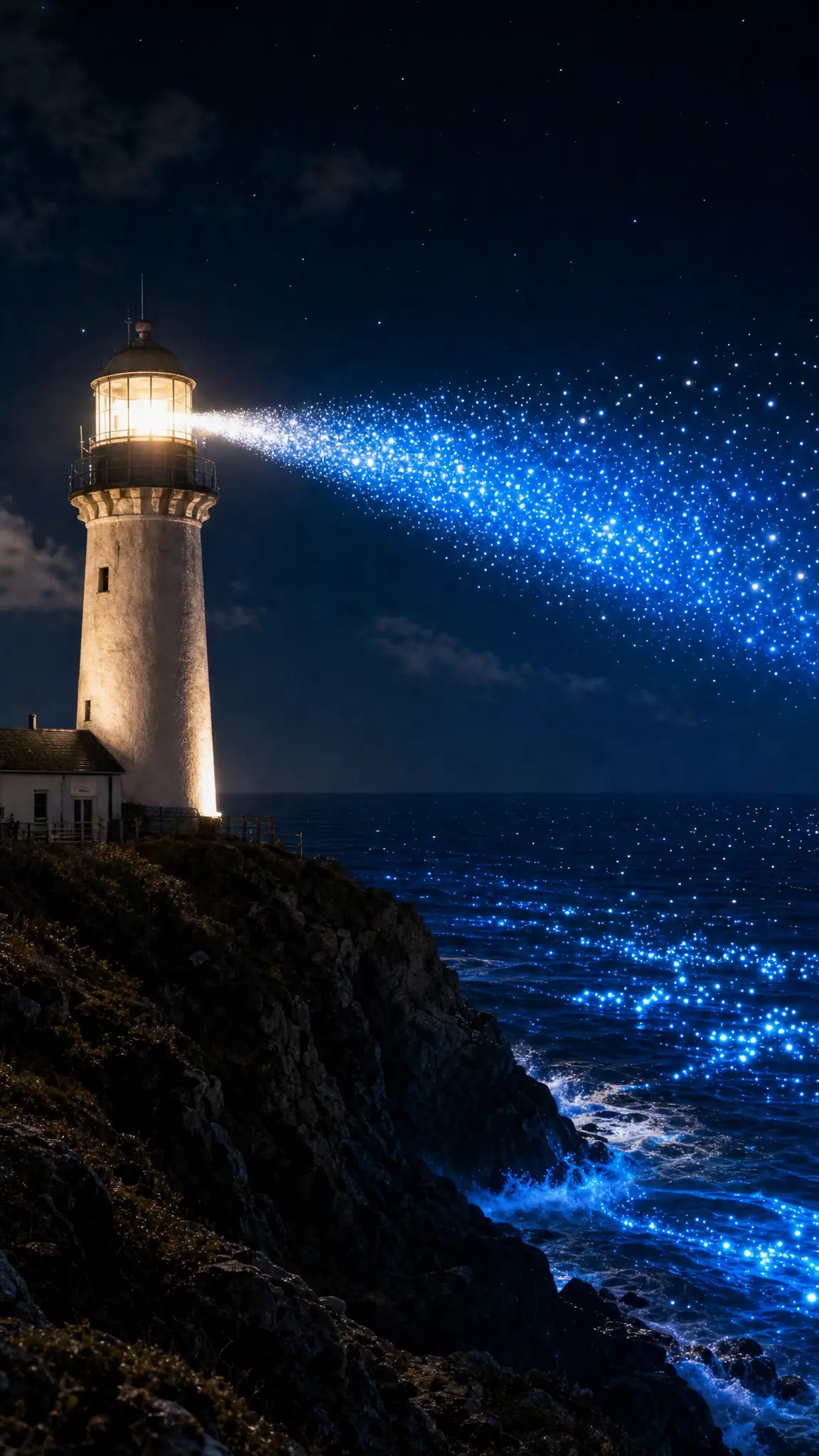 A lighthouse whose beam turns into a river of stars over the sea