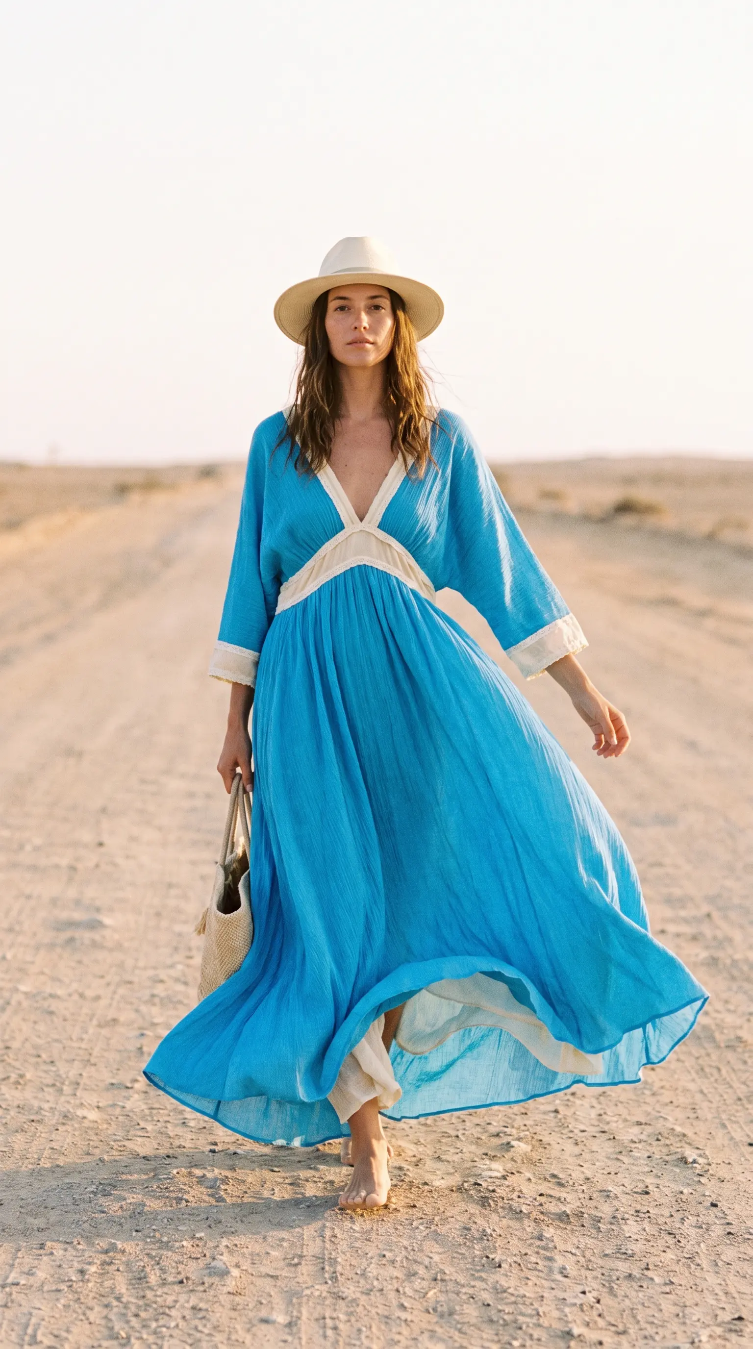 A fashion shot of a model in a flowing azure gown on an empty desert road