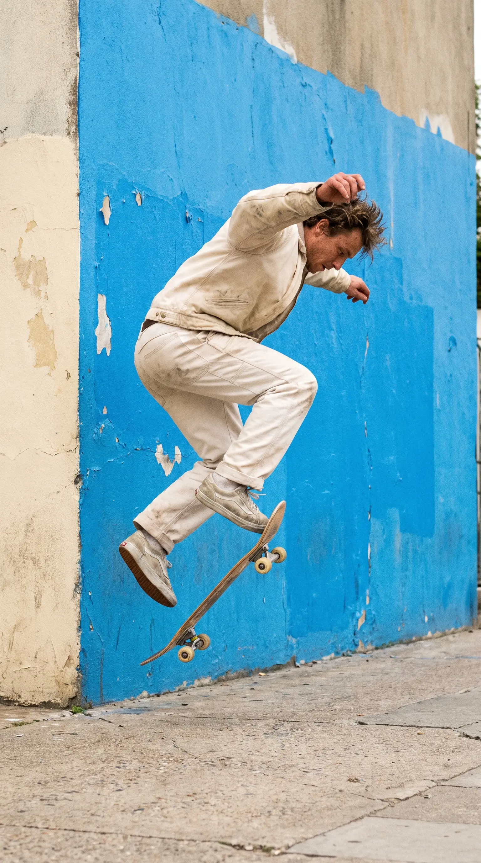 A street portrait of a skateboarder mid-ollie against an azure painted wall