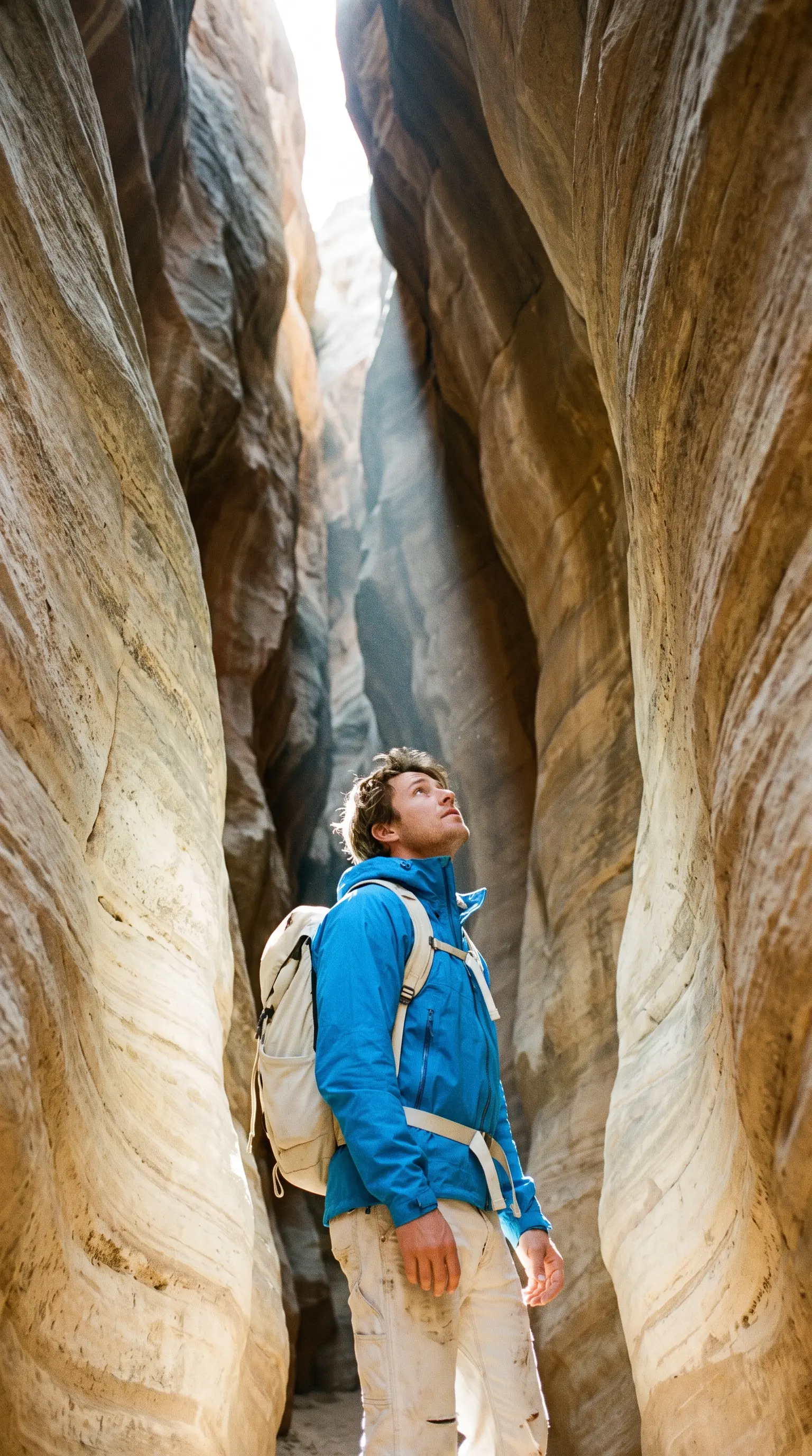 A view up a narrow slot canyon with a shaft of light and a hiker in an azure jacket