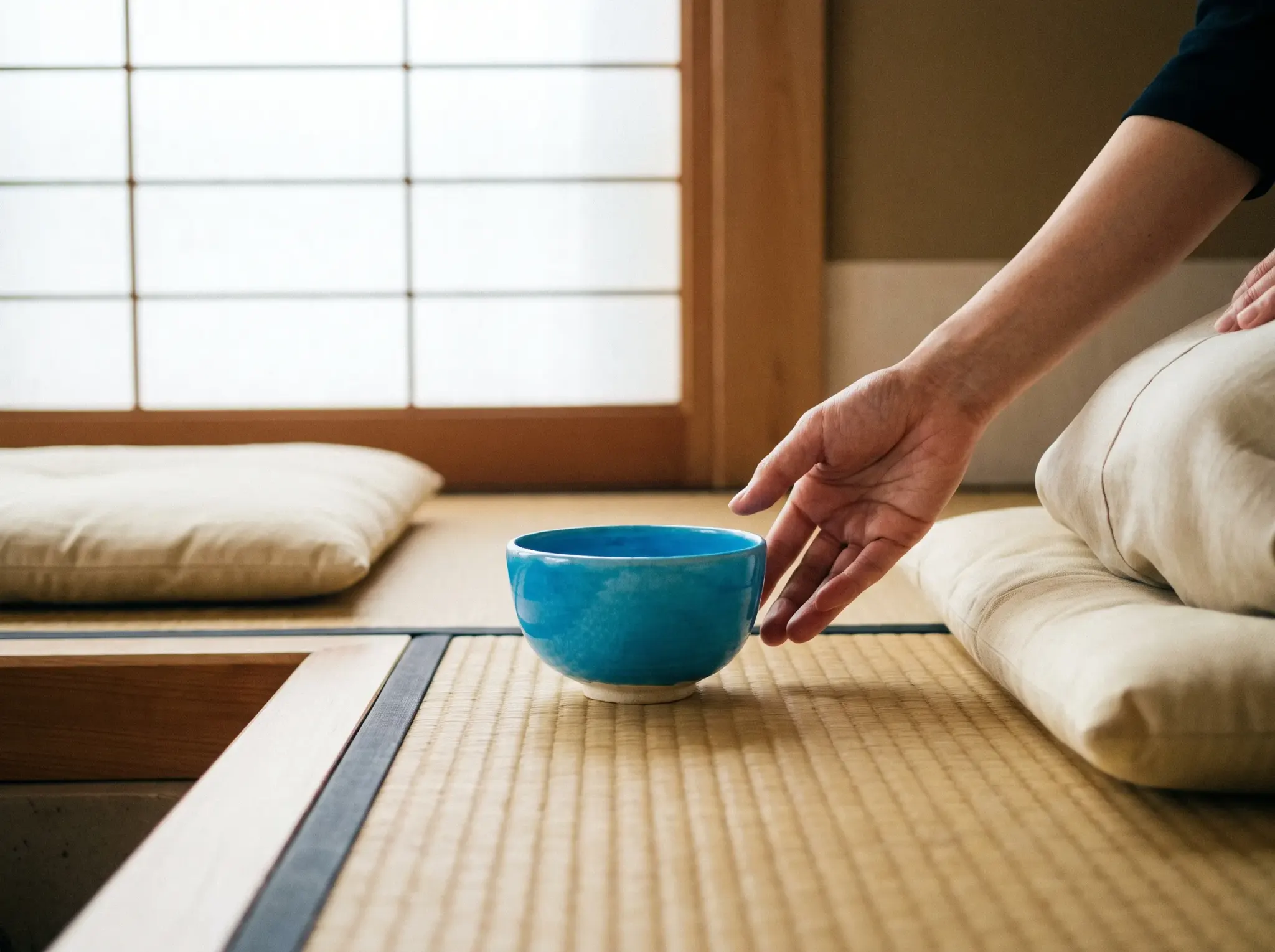 A Japanese tea room with a single azure ceramic bowl on the tatami