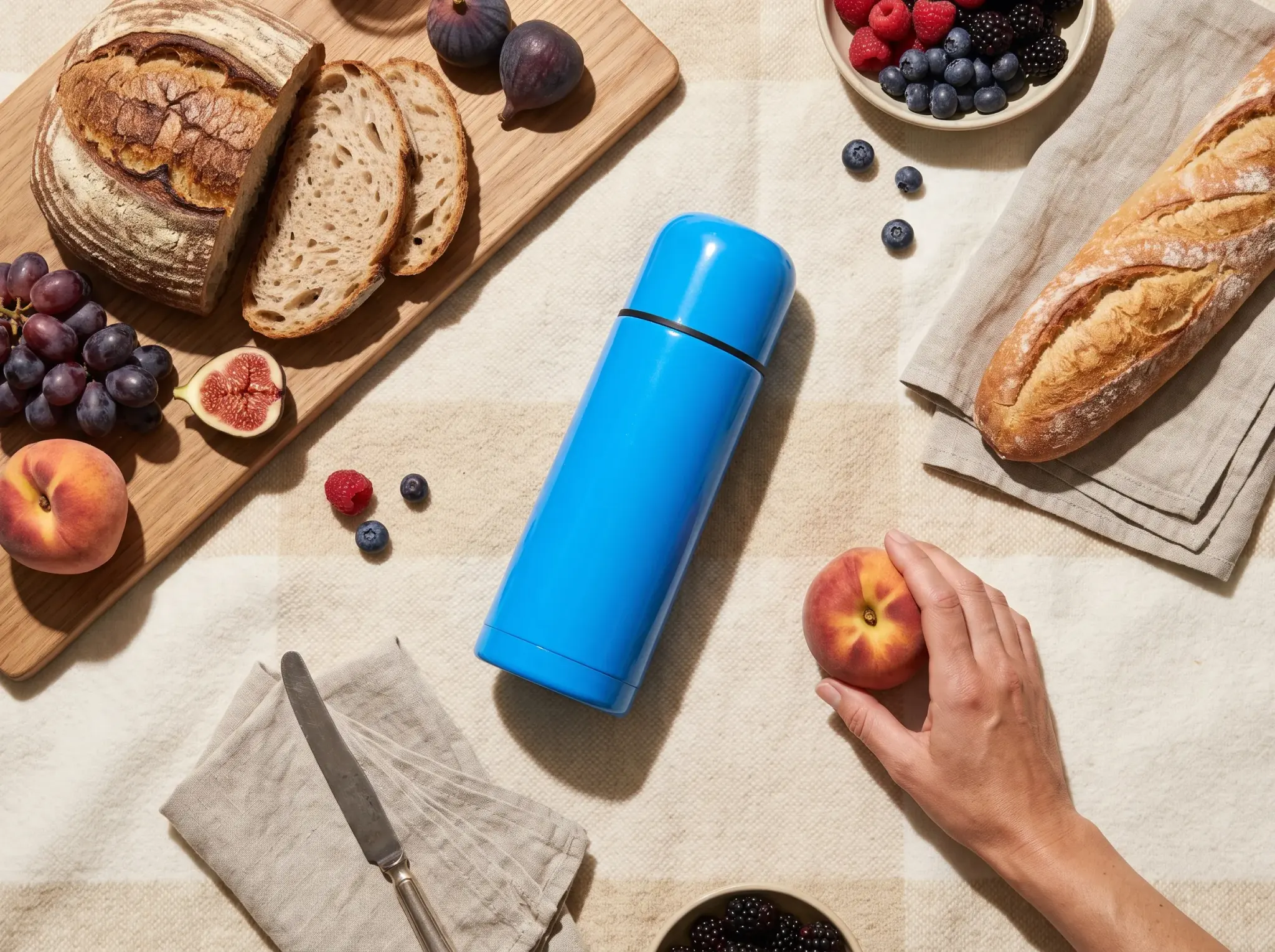 A picnic blanket flat lay with fruit