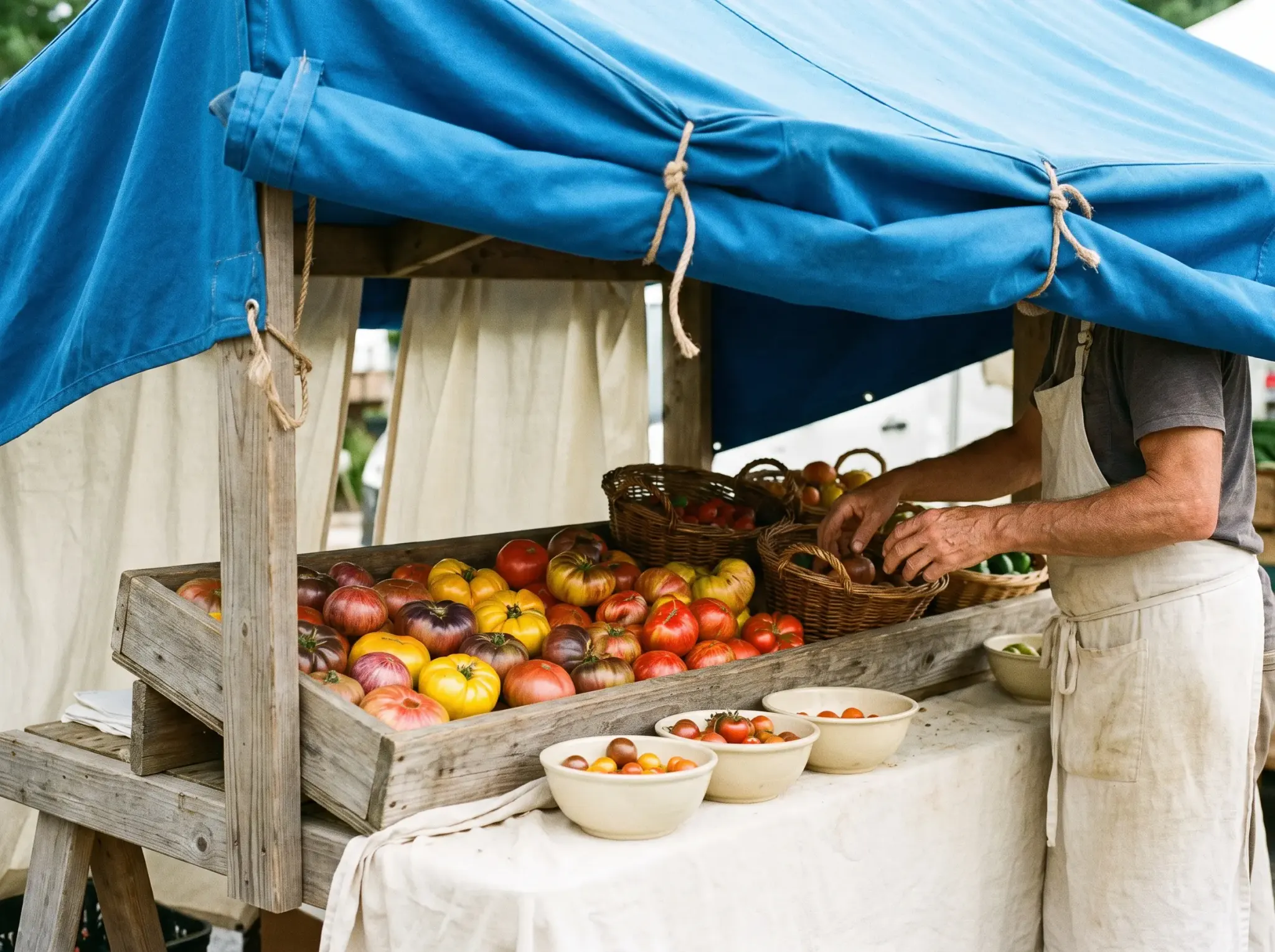 A farmers' market stall with heirloom tomatoes under an azure awning