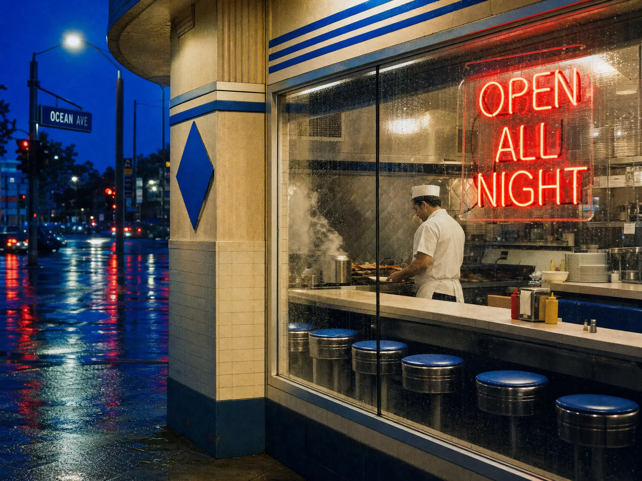 A diner at night with a neon sign that reads Open All Night