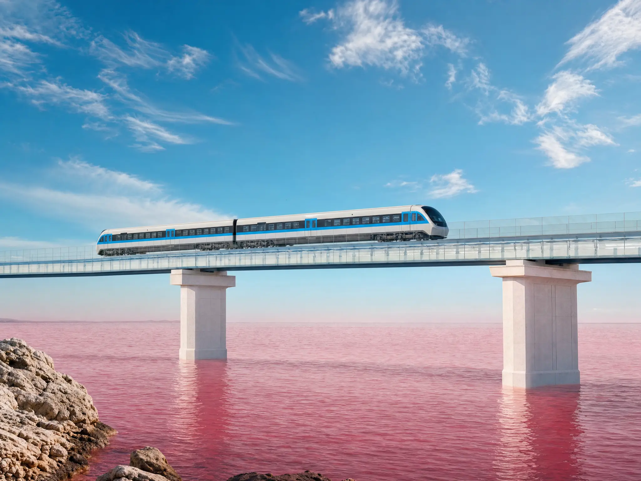 A train crossing a glass bridge over a pink sea