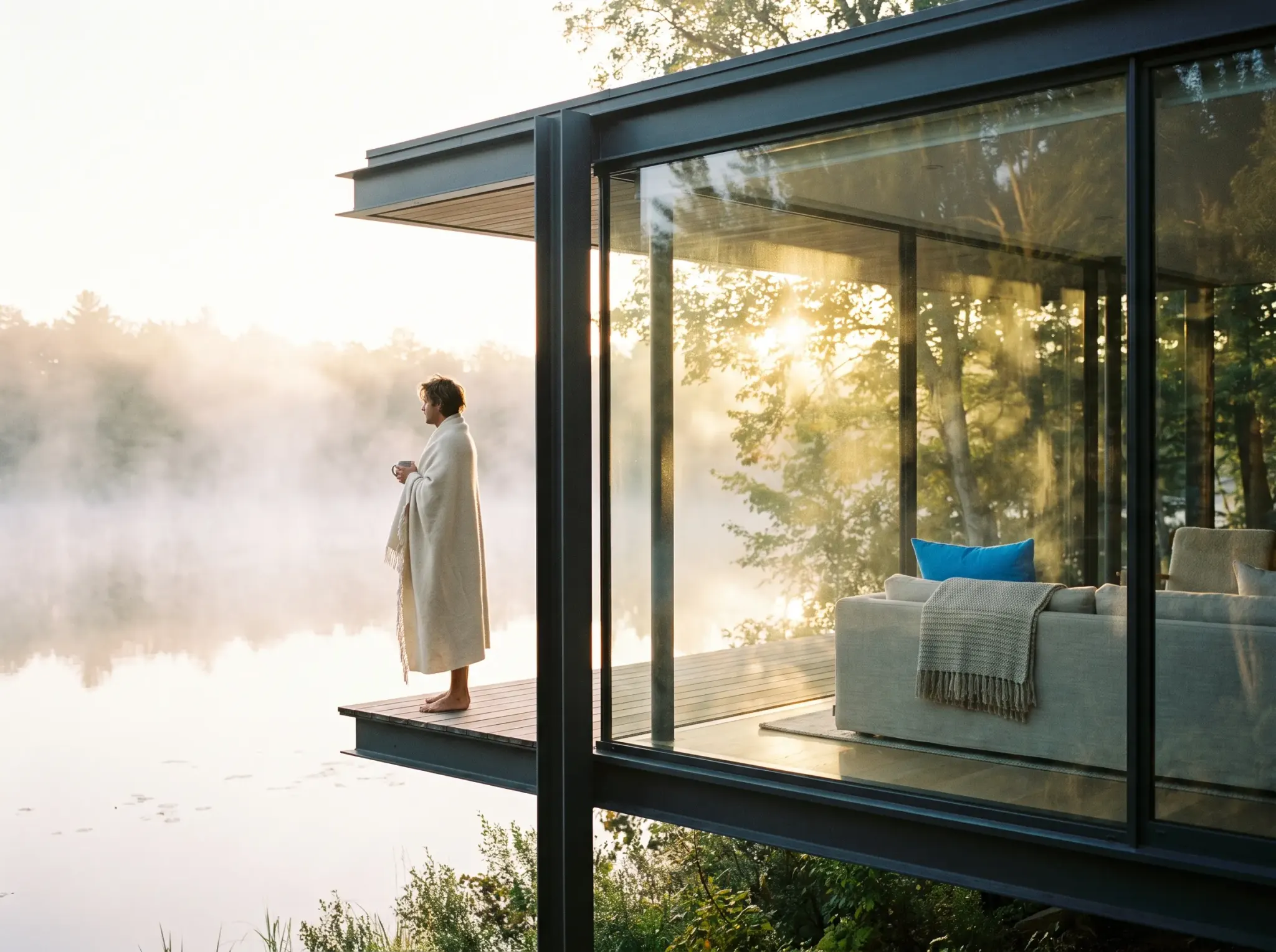 A modern glass house beside a lake at sunrise