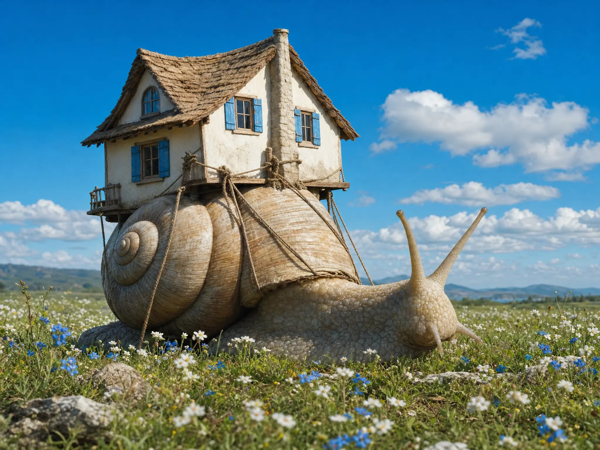 A giant snail carrying a cottage across a meadow