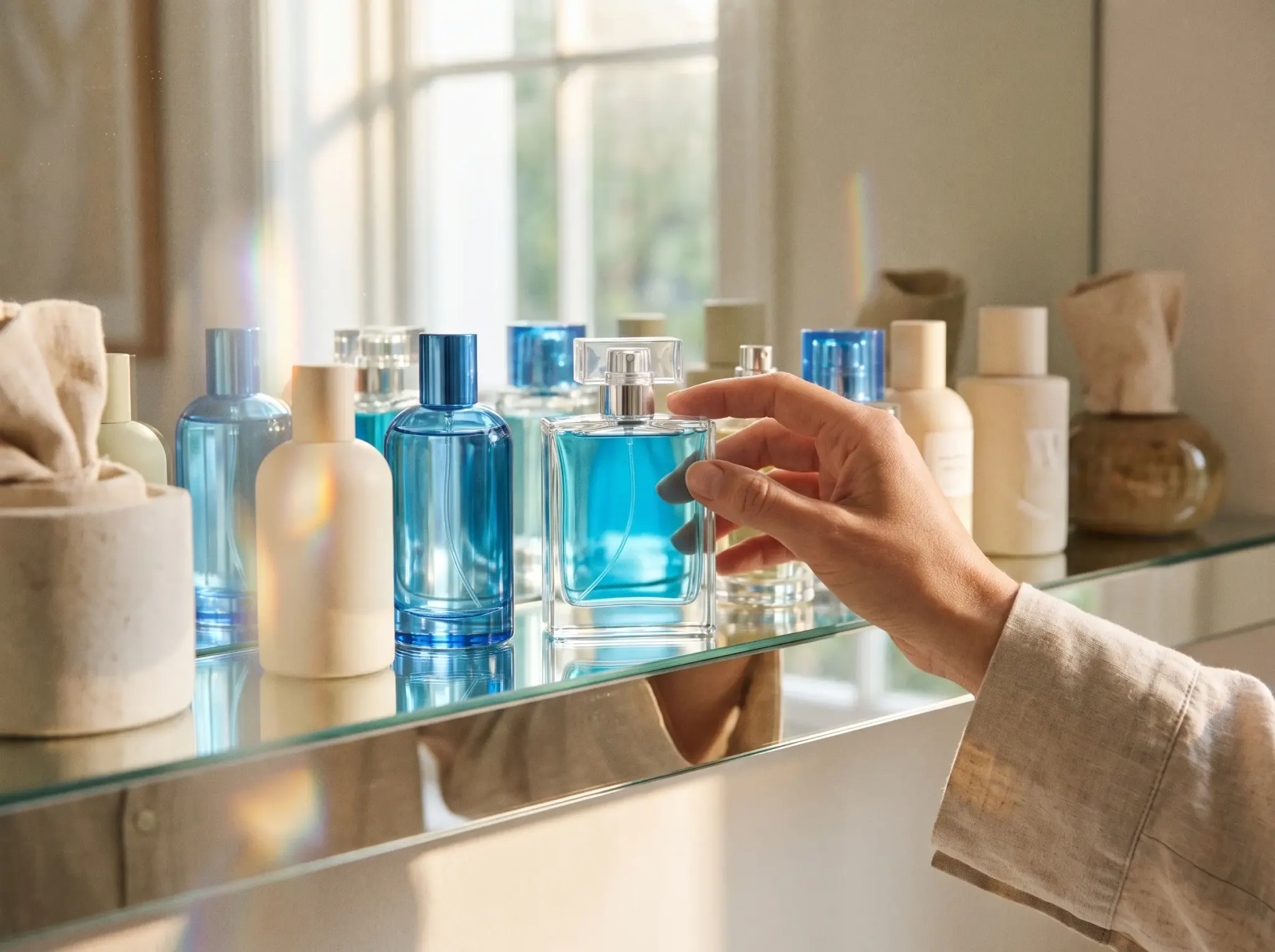 A row of glass perfume bottles in different azure tints on a mirrored shelf