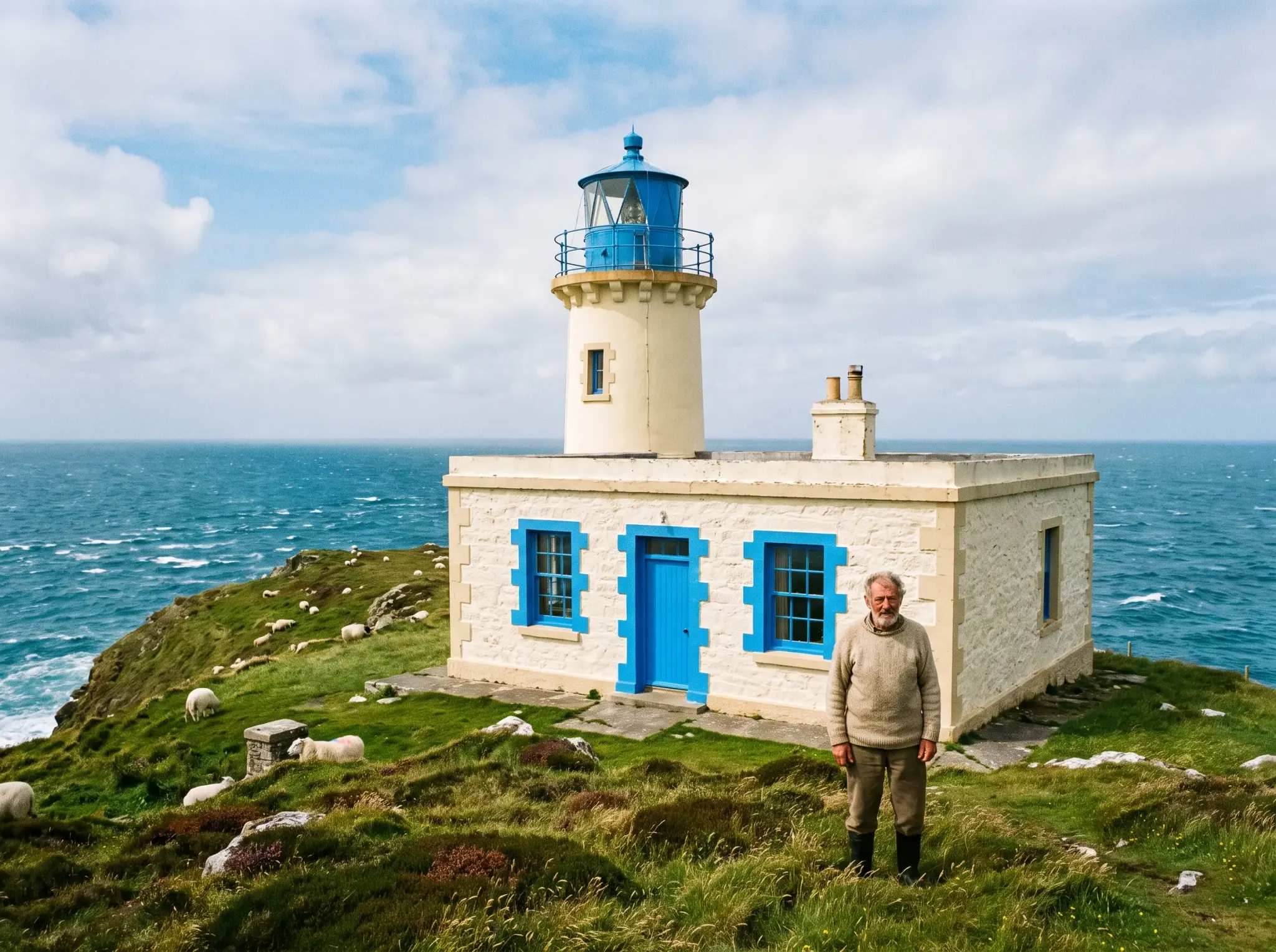 A lighthouse keeper's cottage on a green island surrounded by an azure sea