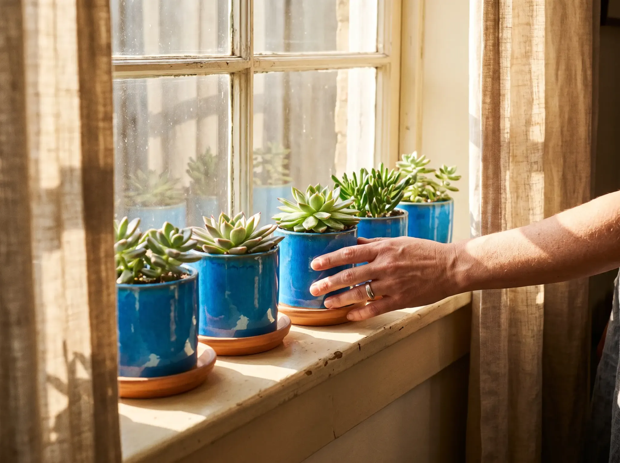 A row of potted succulents in azure pots on a sunny windowsill