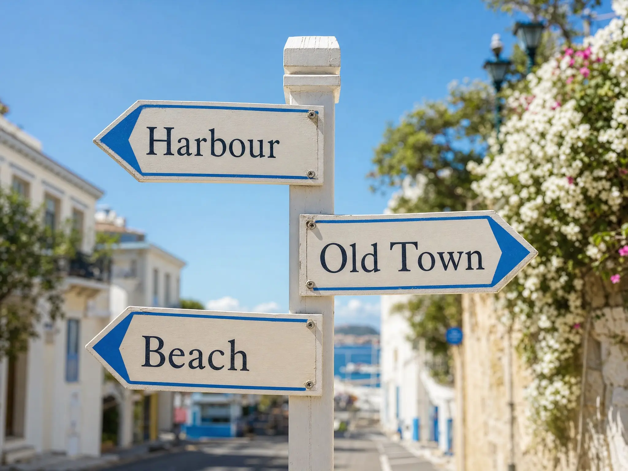 A signpost at a crossroads with arrows that read "Harbour"