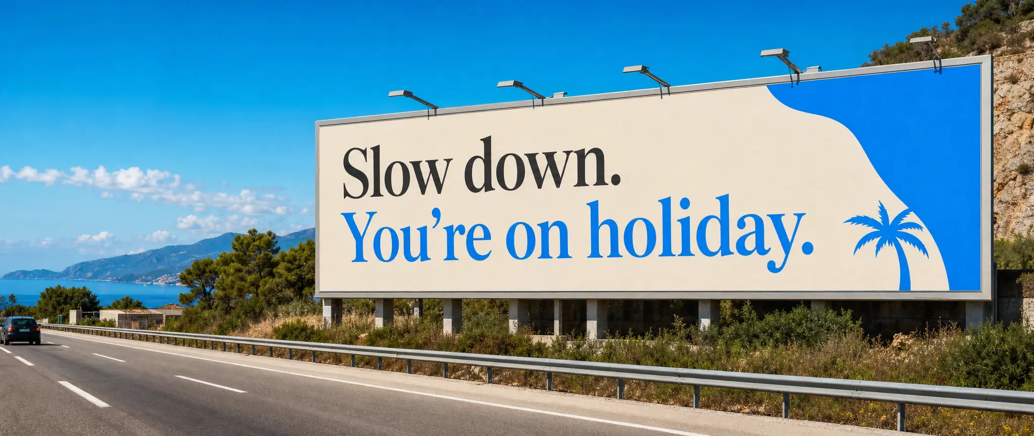 A billboard beside a sunny highway that reads "Slow down. You're on holiday."