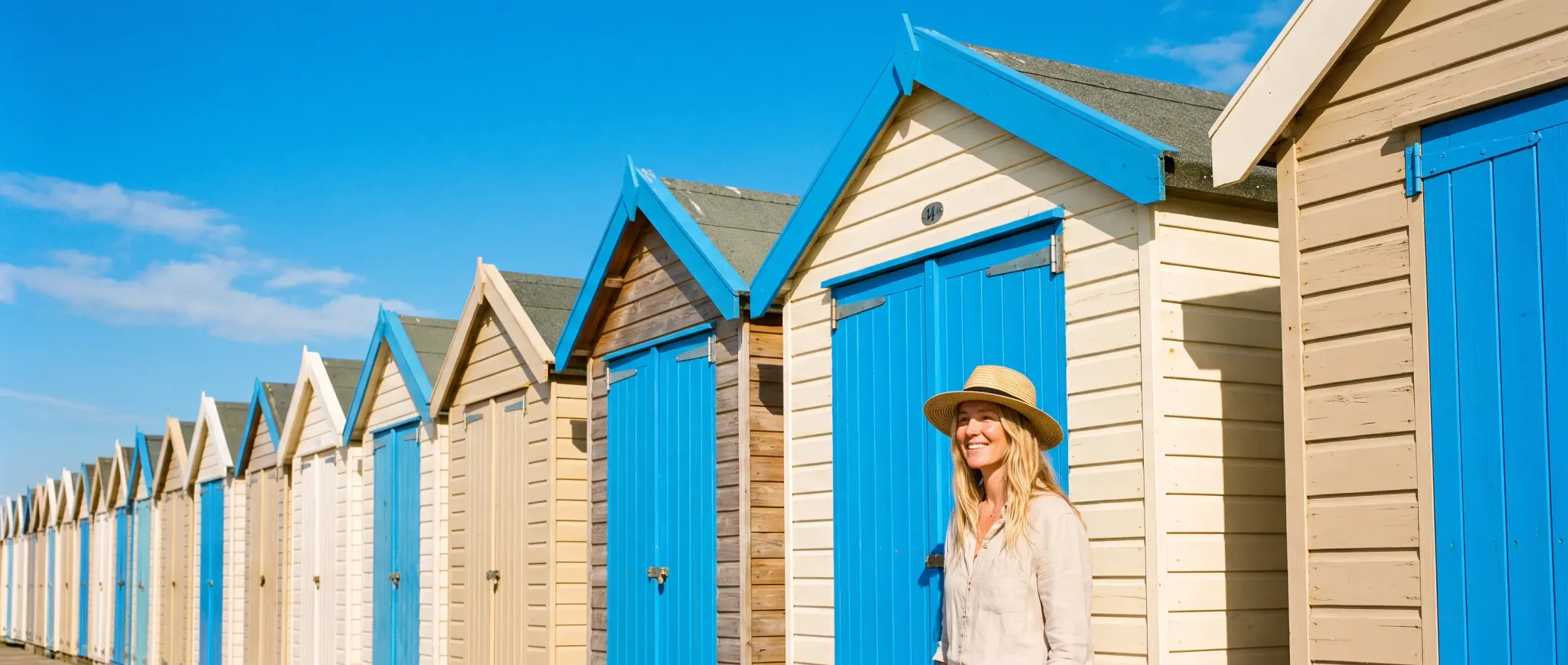 A row of colourful beach huts under an azure sky