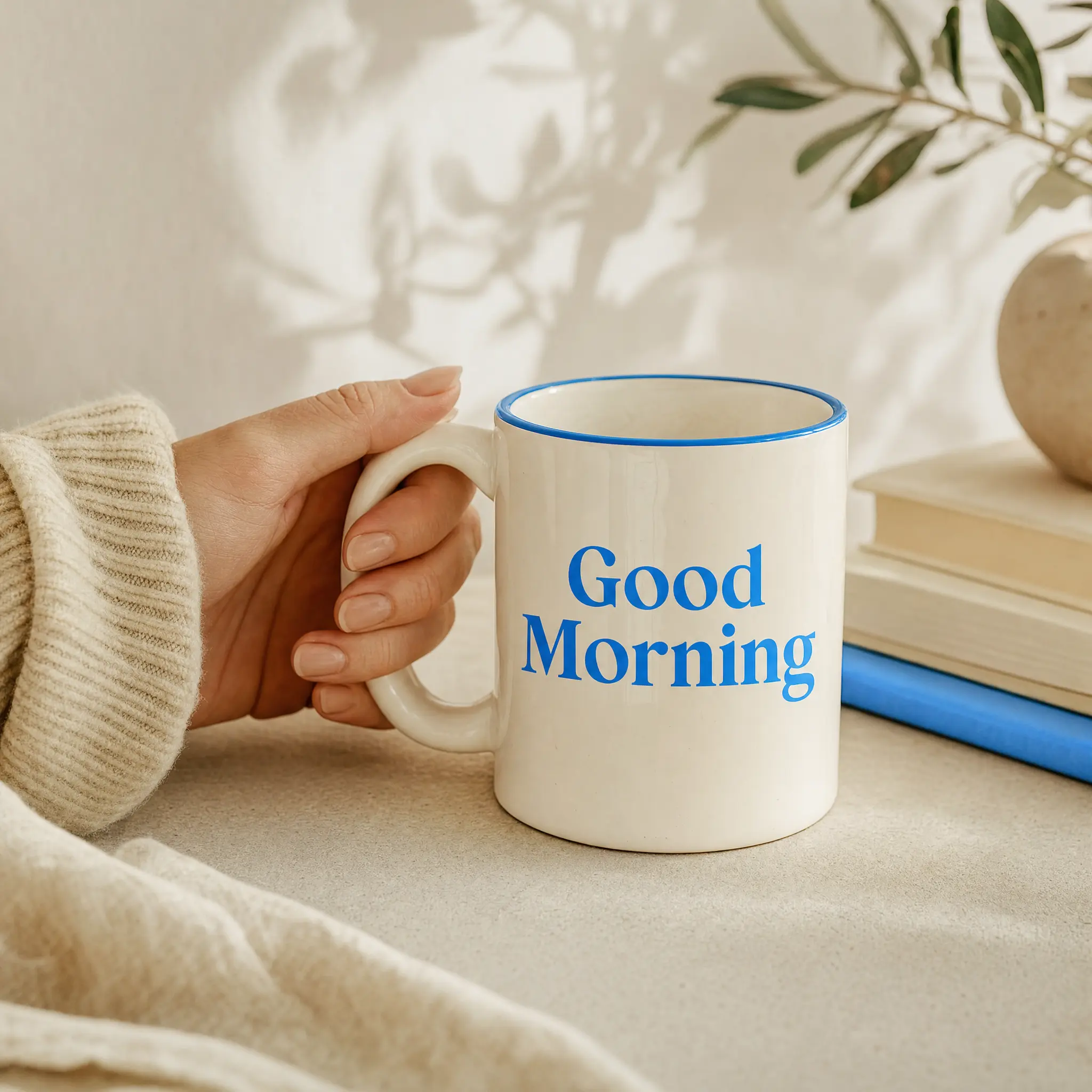 A ceramic mug printed with the words "Good Morning" in a friendly serif