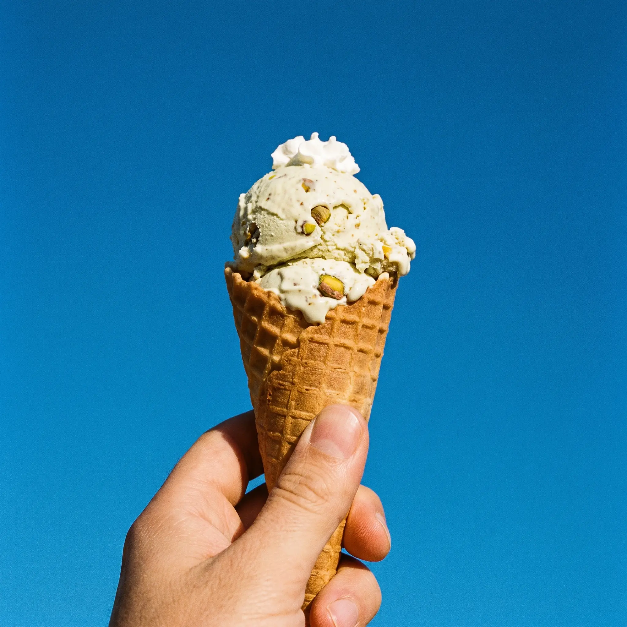 A pistachio ice cream cone held up against a clear azure sky