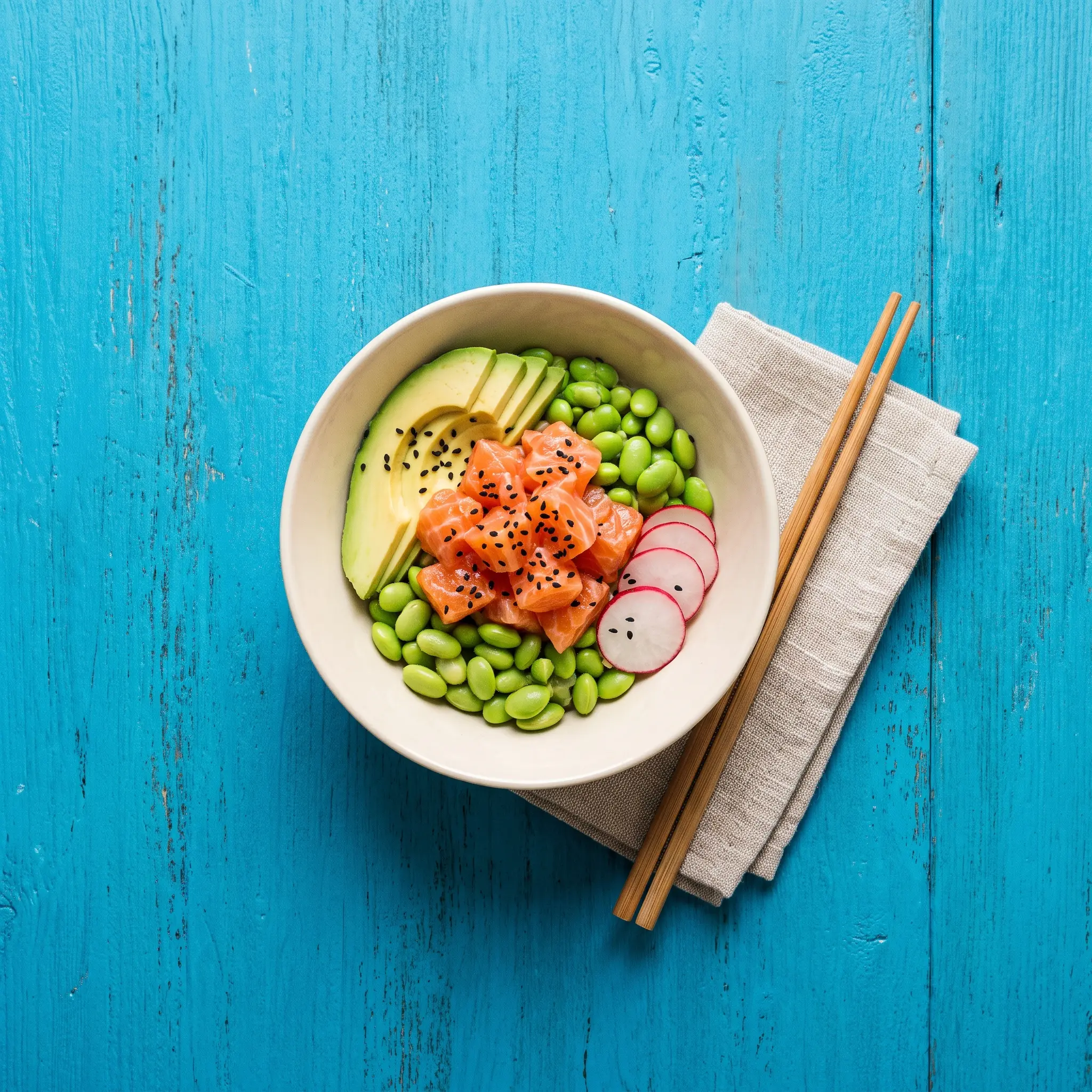 A salmon and avocado poke bowl on an azure table