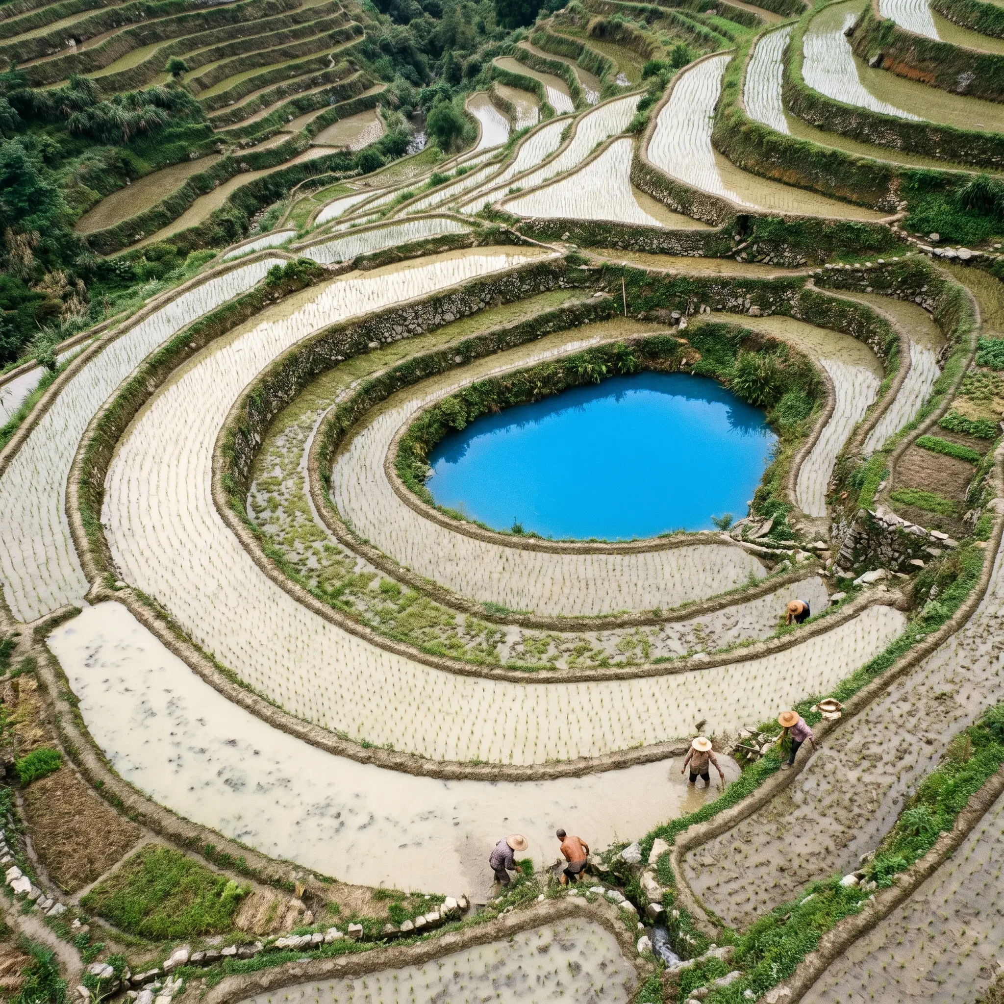 Terraced rice fields in a spiral seen from above