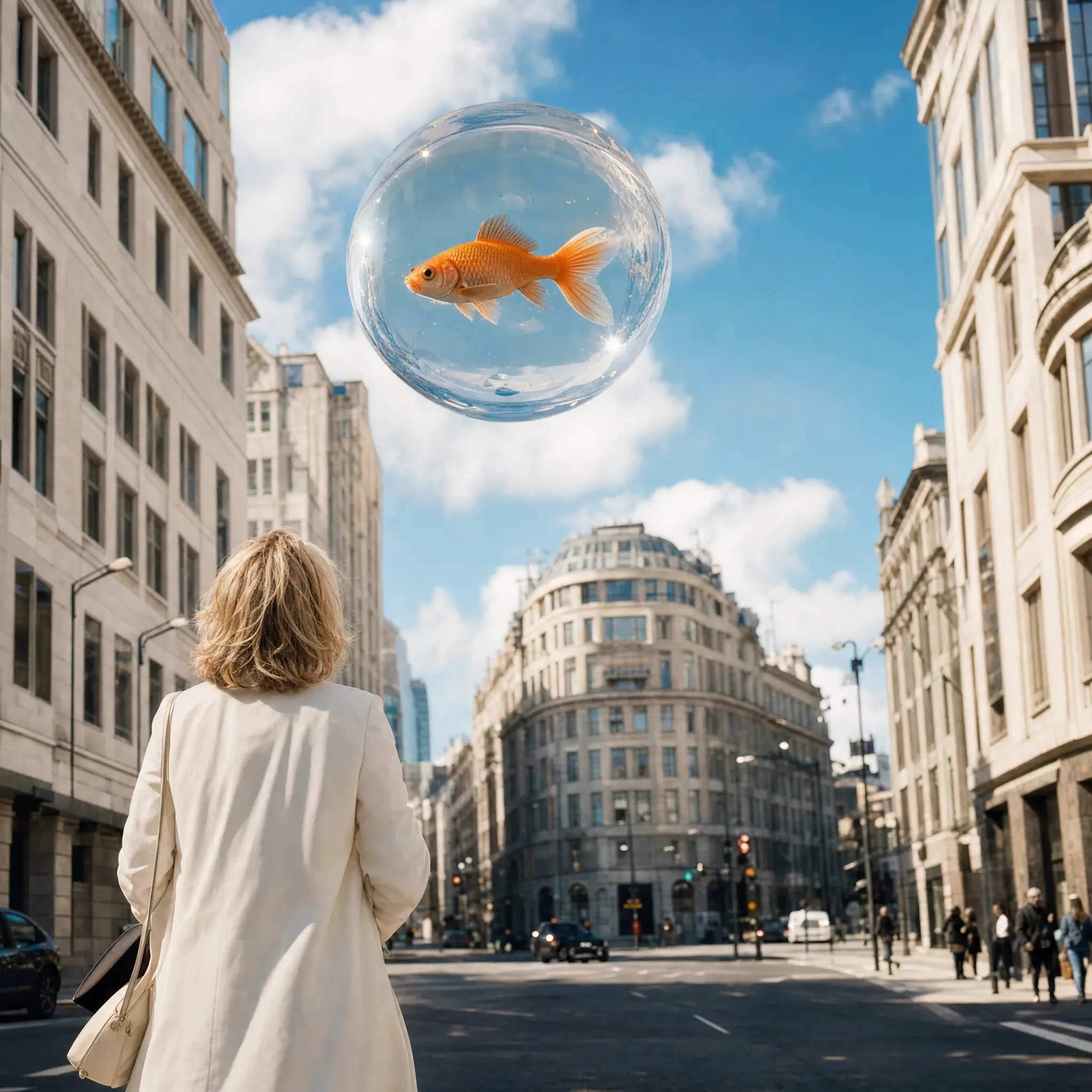 A goldfish in a floating bubble above a city street