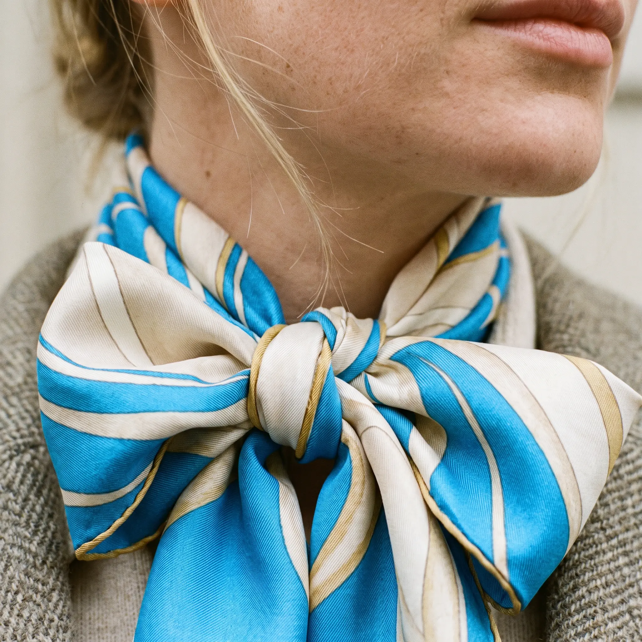A silk scarf in an azure and cream pattern knotted at a model's neck