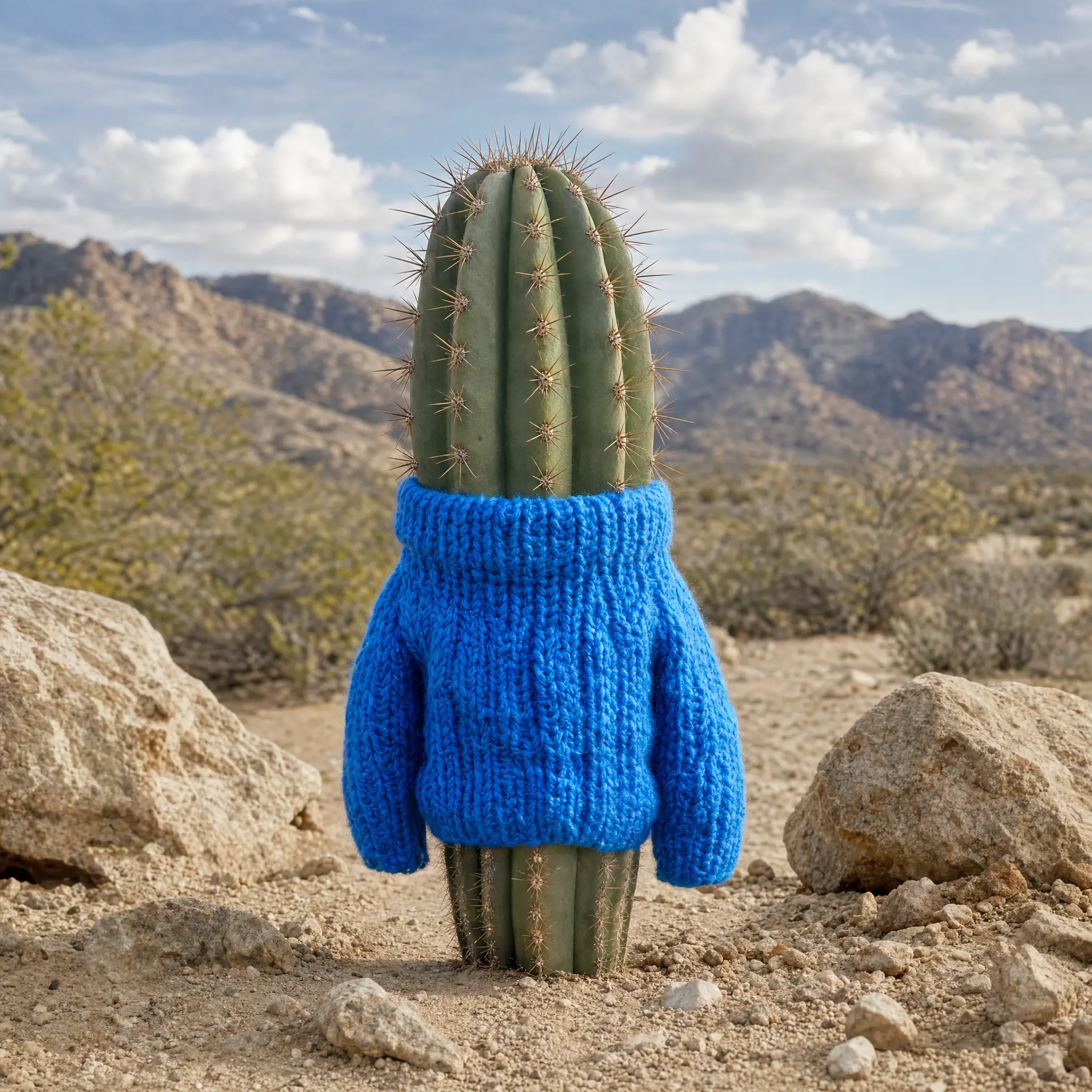A cactus wearing a knitted azure sweater in the desert