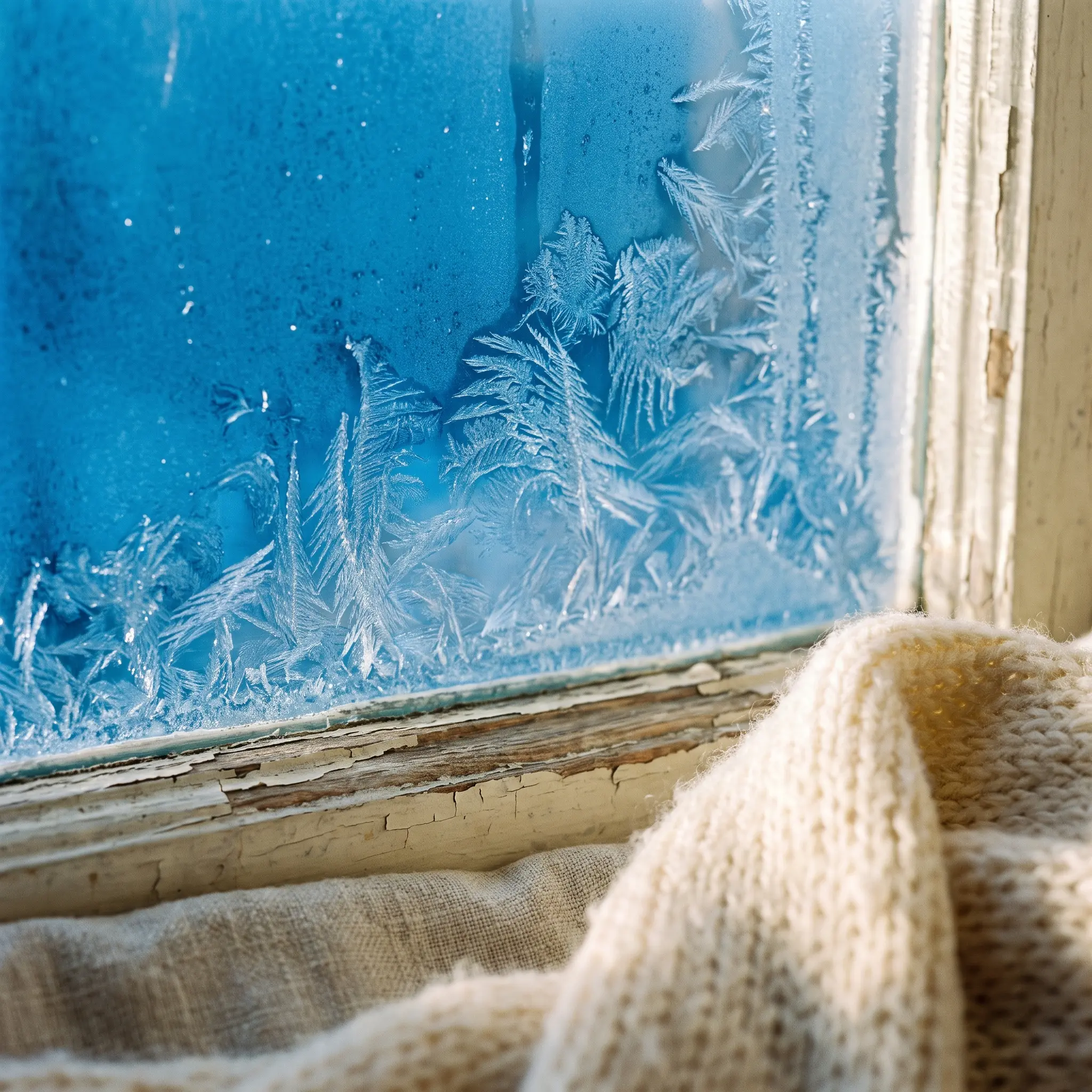 A close-up of frost patterns on an azure window pane