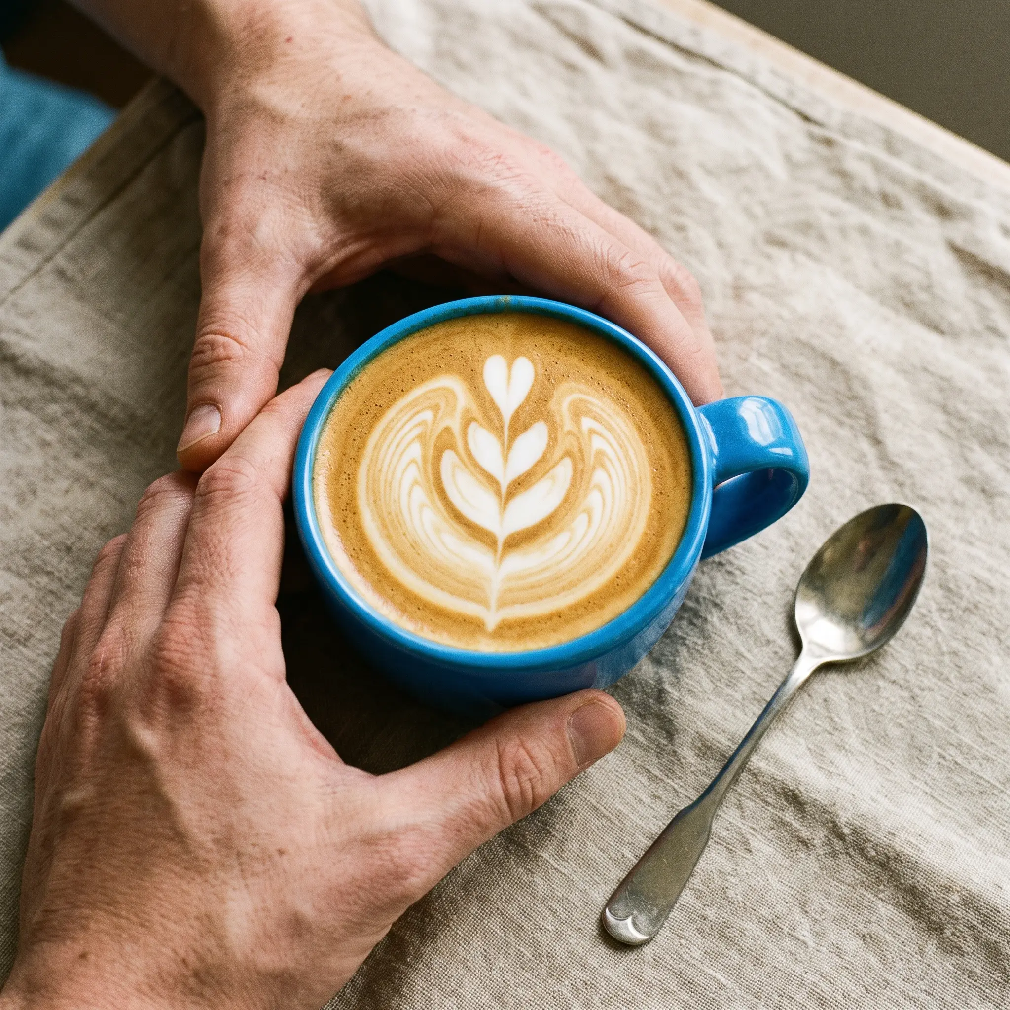 Latte art in an azure cup