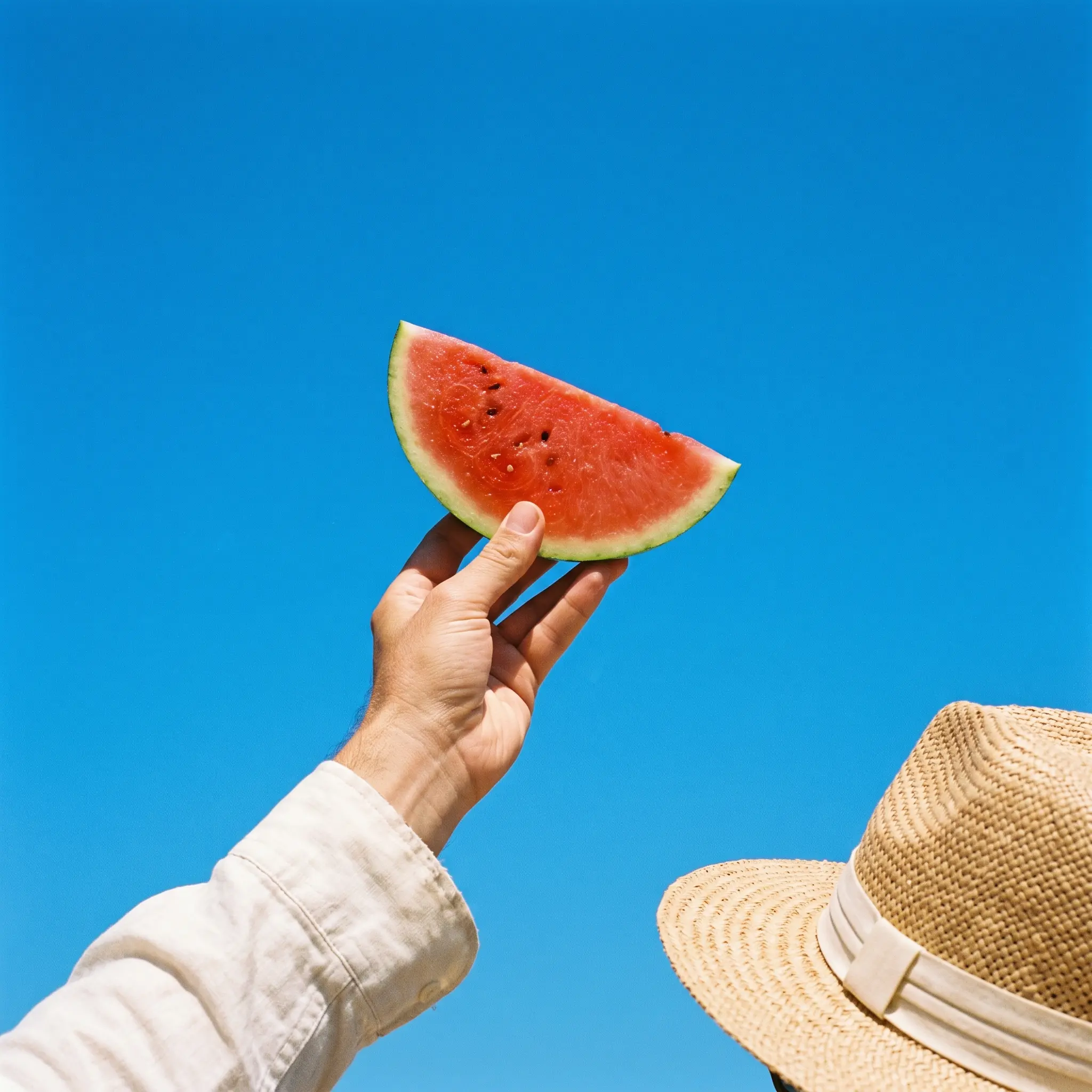 A slice of watermelon held up against a clear azure sky