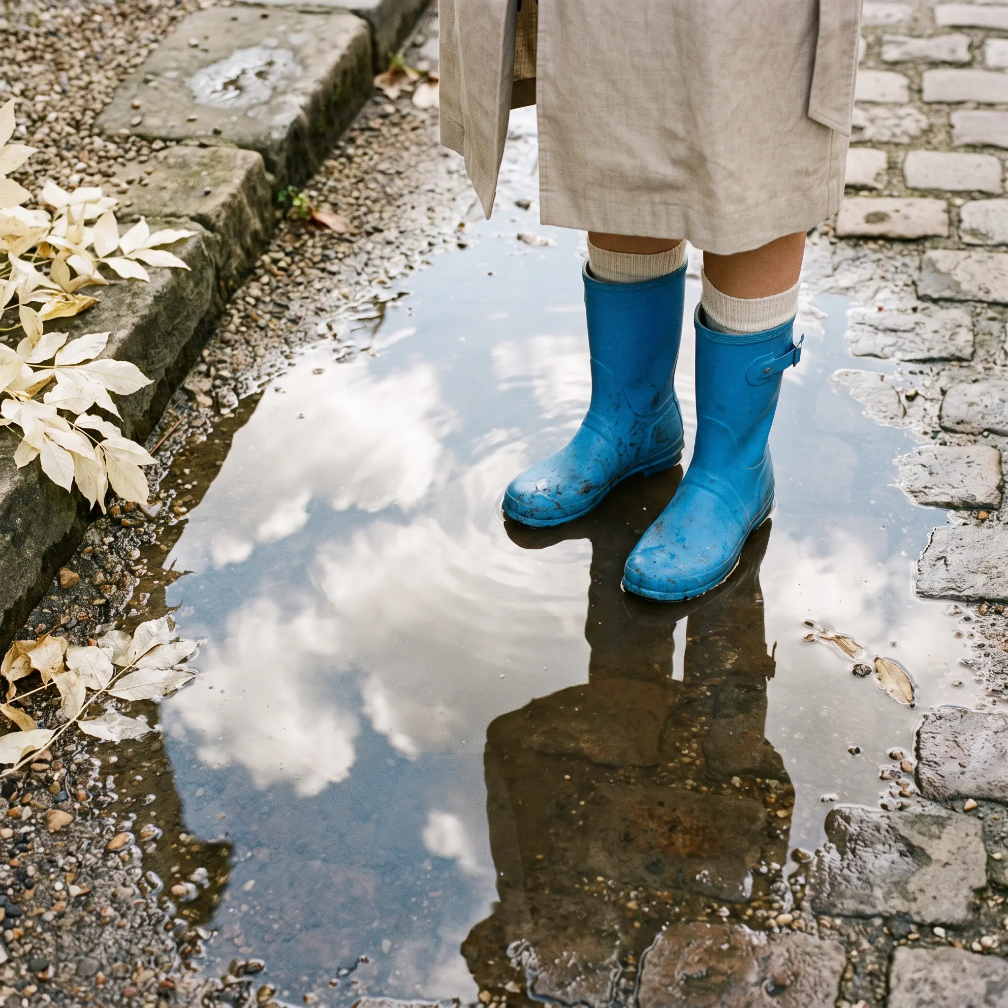 A pair of azure rain boots standing in a puddle that reflects the clouds