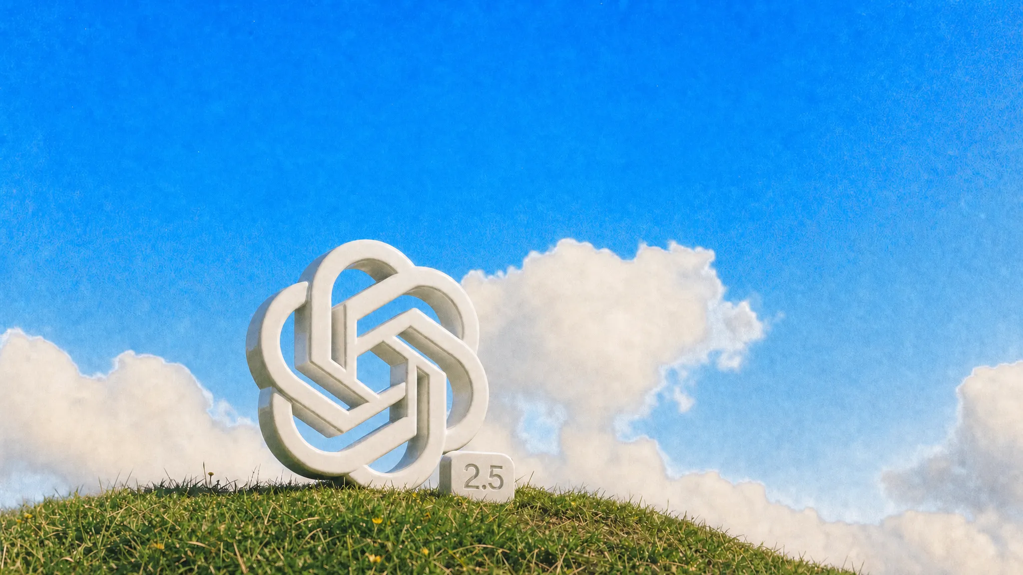 The GPT Image interlocking logo as a white sculpture on a grassy hilltop under a blue sky, with a small stone tag that reads 2.5