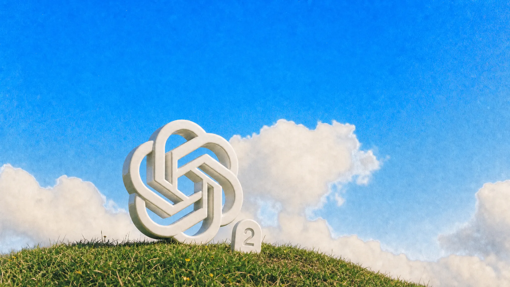 The GPT Image interlocking logo as a white sculpture on a grassy hilltop under a blue sky, with a small stone tag that reads 2
