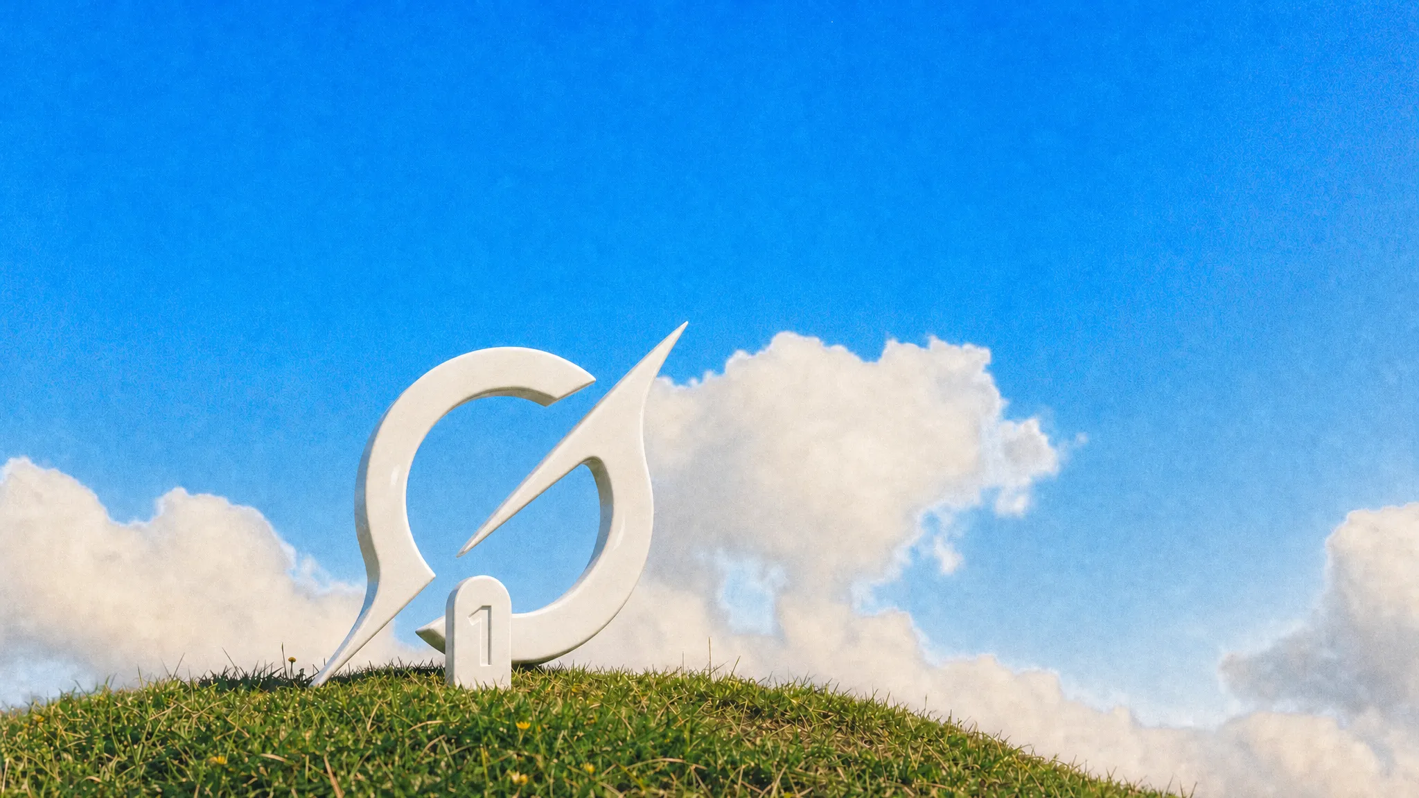 The Grok Imagine ring-and-slash logo as a white sculpture on a grassy hilltop under a blue sky, with a small stone tag that reads 1