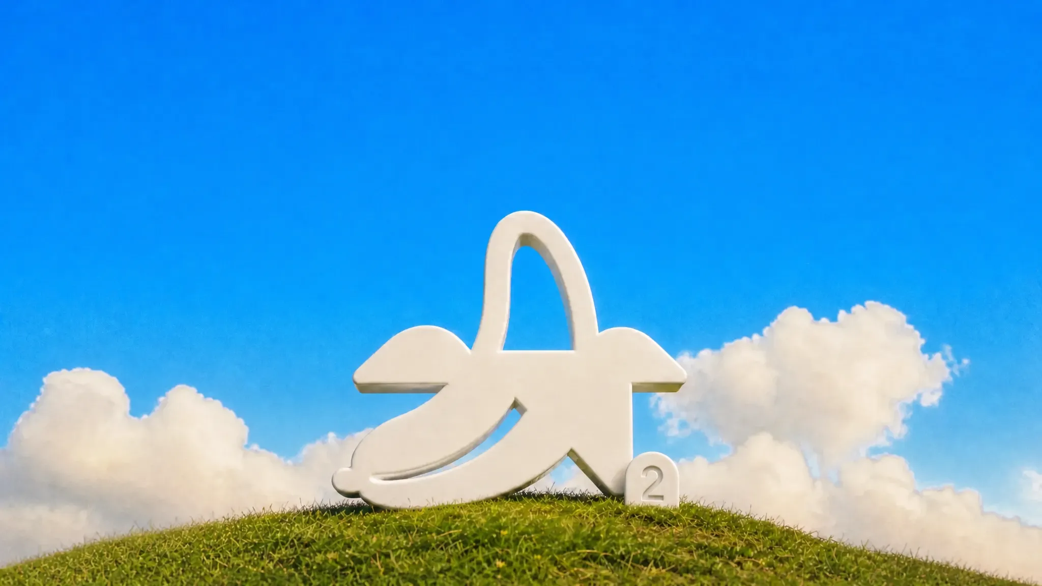 The Nano Banana logo as a white sculpture on a grassy hilltop under a blue sky, with a small stone tag that reads 2