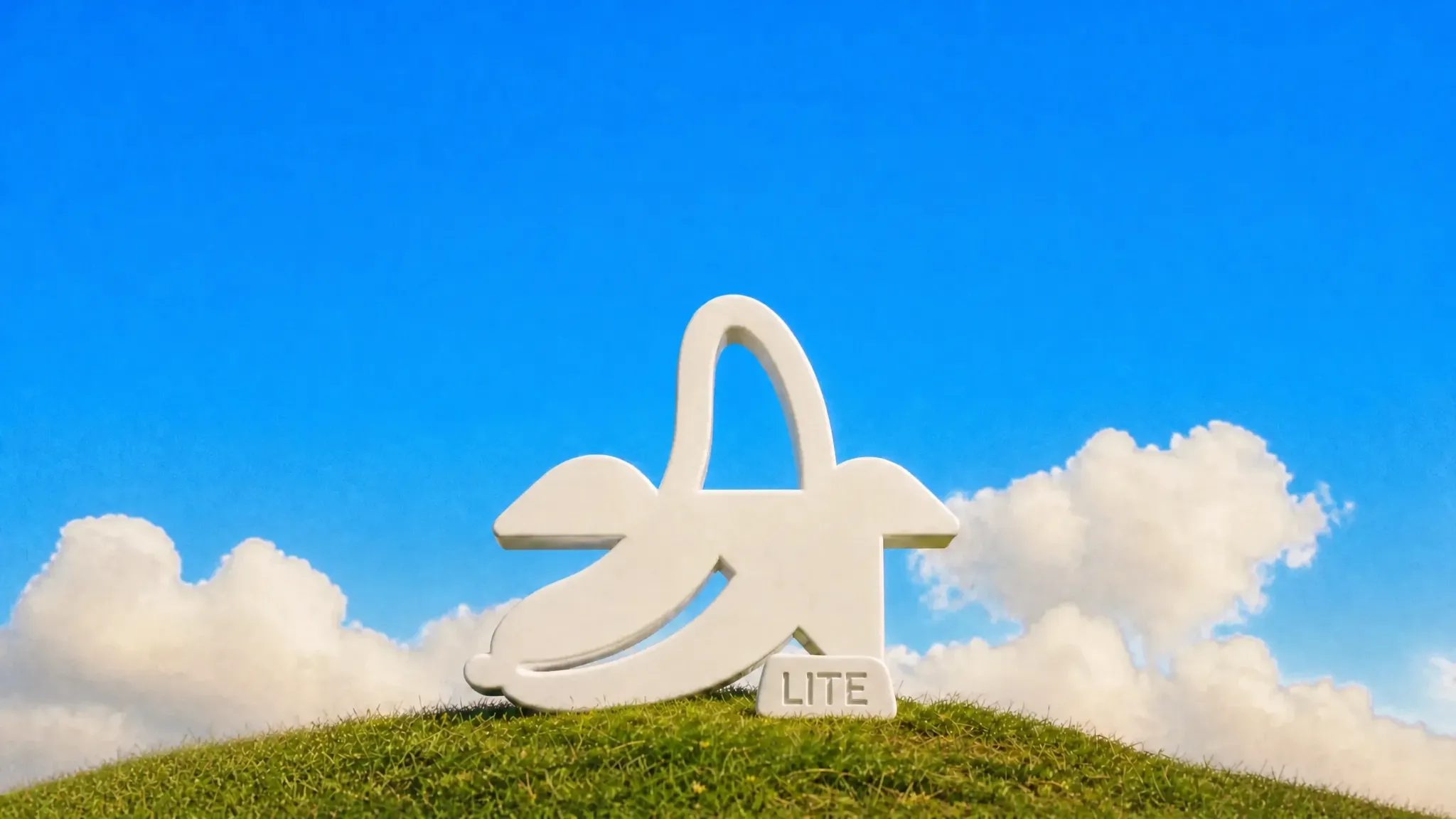The Nano Banana logo as a white sculpture on a grassy hilltop under a blue sky, with a small stone tag that reads LITE