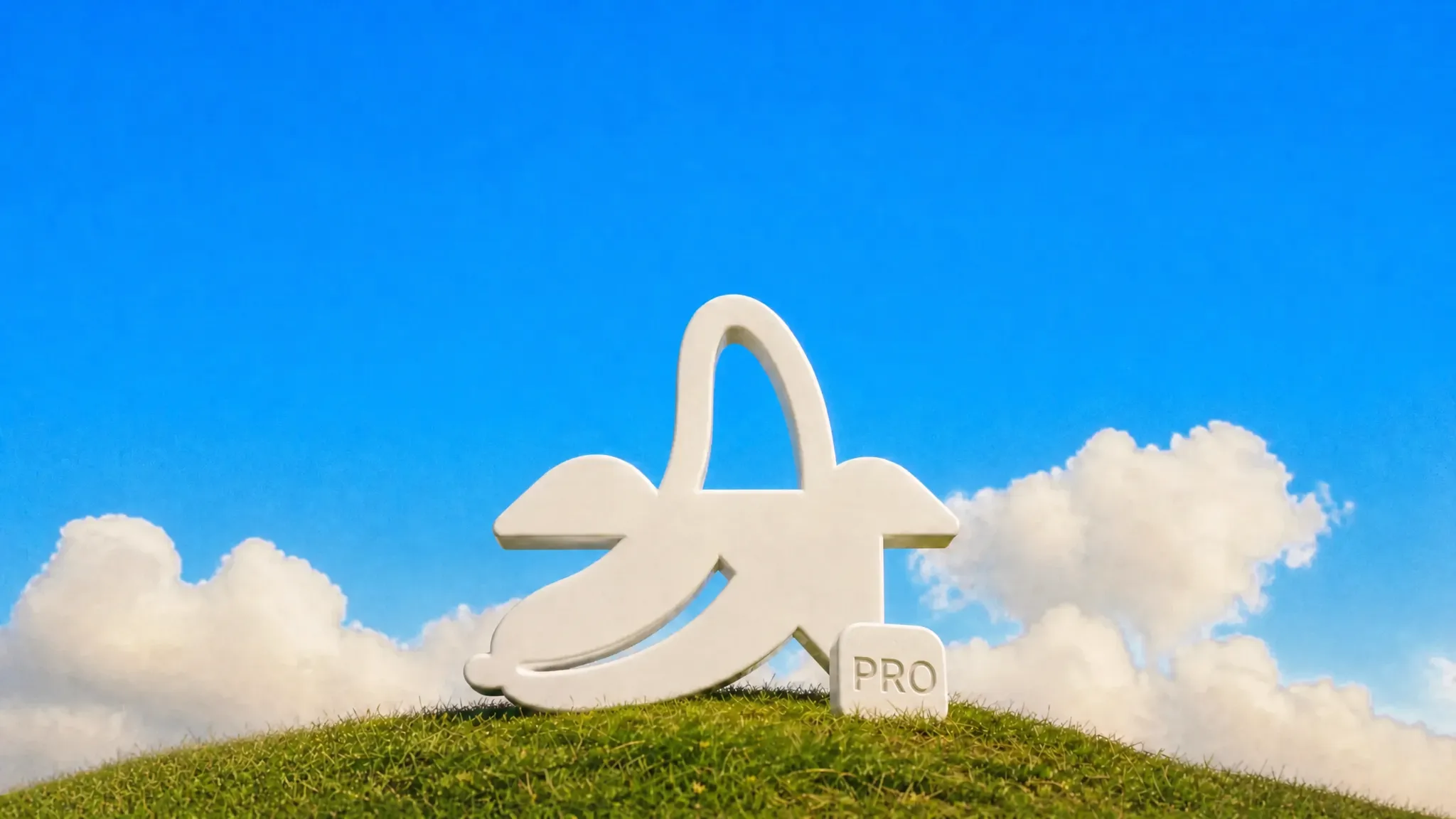 The Nano Banana logo as a white sculpture on a grassy hilltop under a blue sky, with a small stone tag that reads PRO