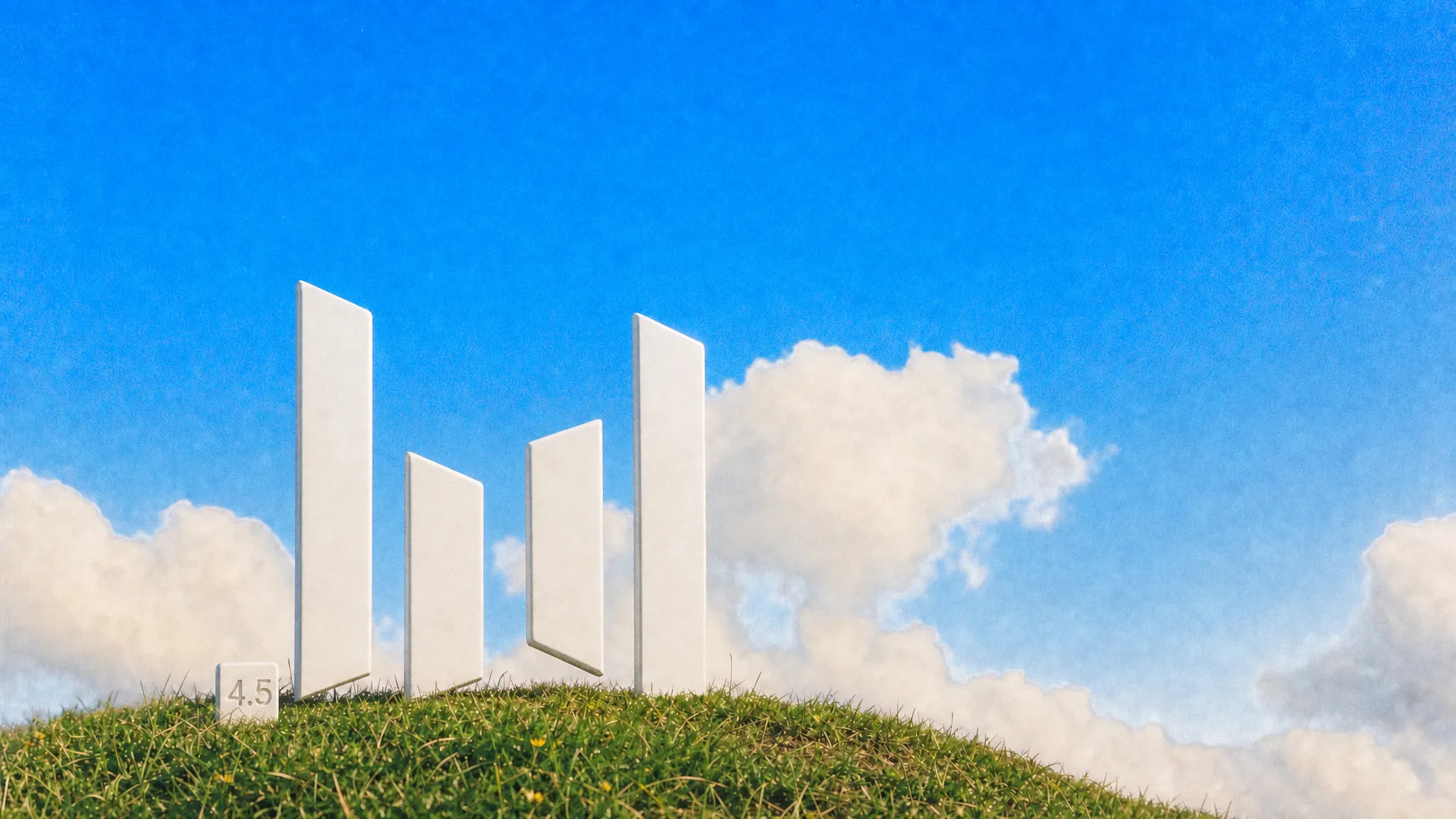 The Seedream four-bar logo as a white sculpture on a grassy hilltop under a blue sky, with a small stone tag that reads 4.5